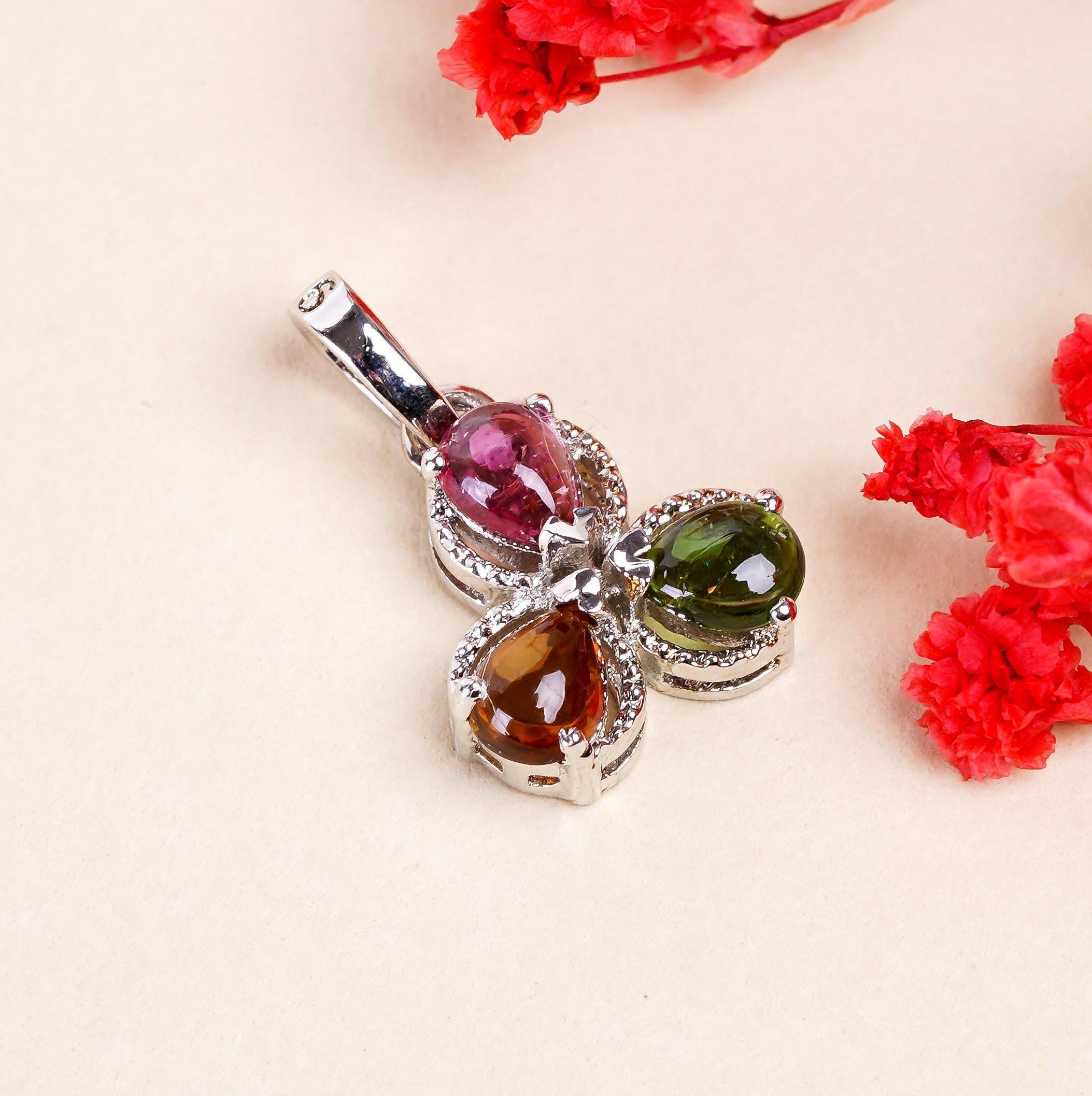Natural Multicolor Tourmaline Pendant: Sterling Silver Boho Jewelry