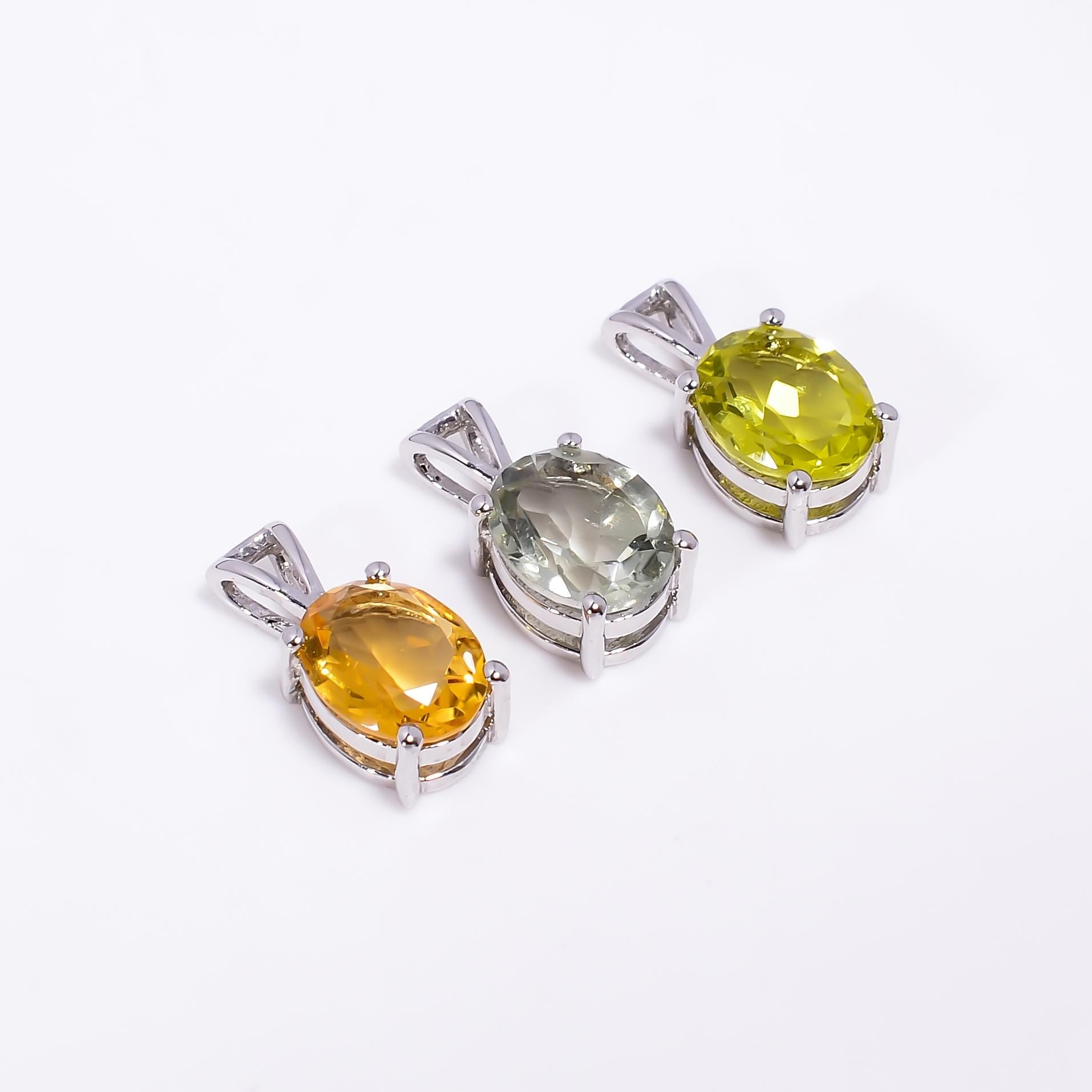 Sterling Silver Gemstone Pendant: Lemon Quartz, Citrine, Green Amethyst (8x10mm)