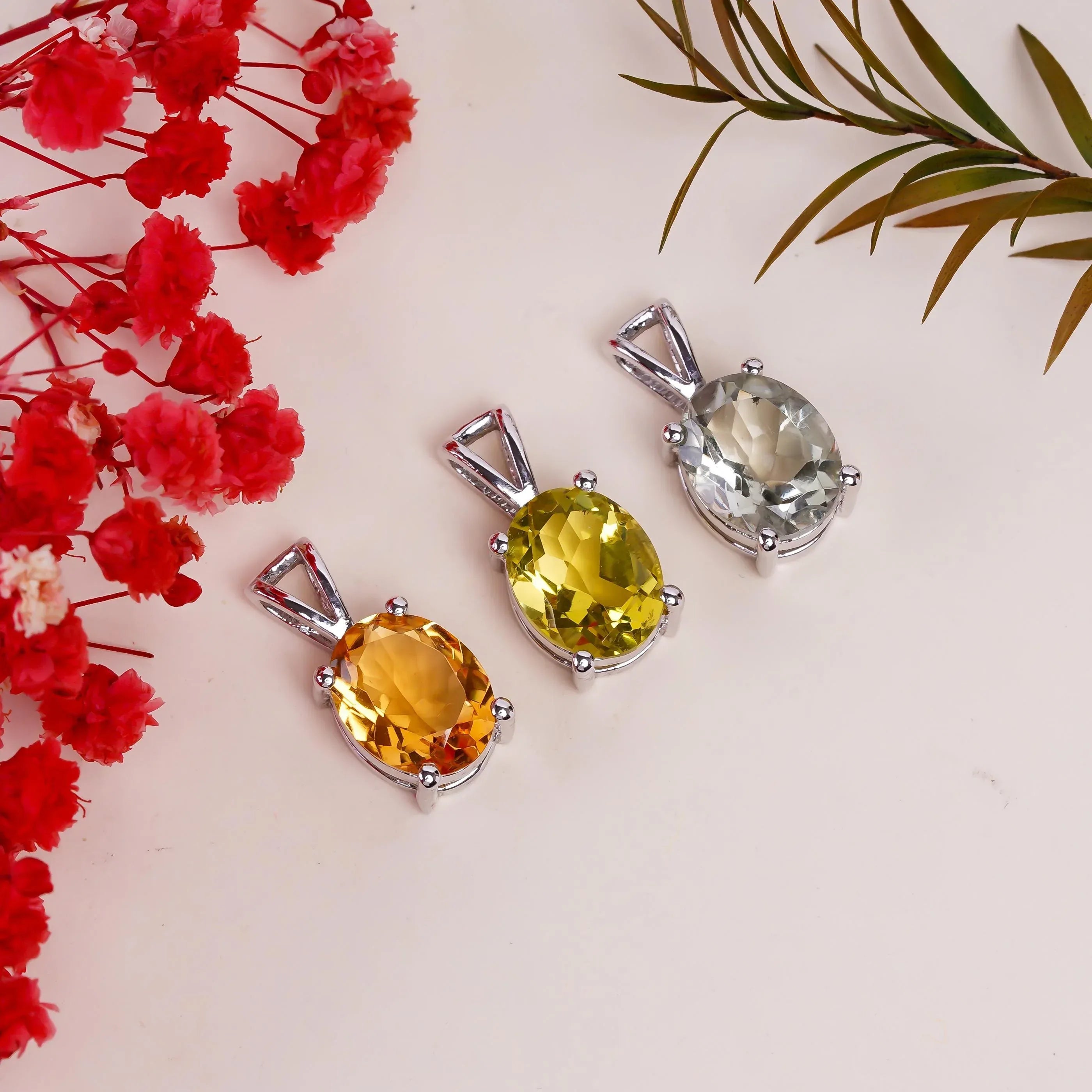 Sterling Silver Gemstone Pendant: Lemon Quartz, Citrine, Green Amethyst (8x10mm)