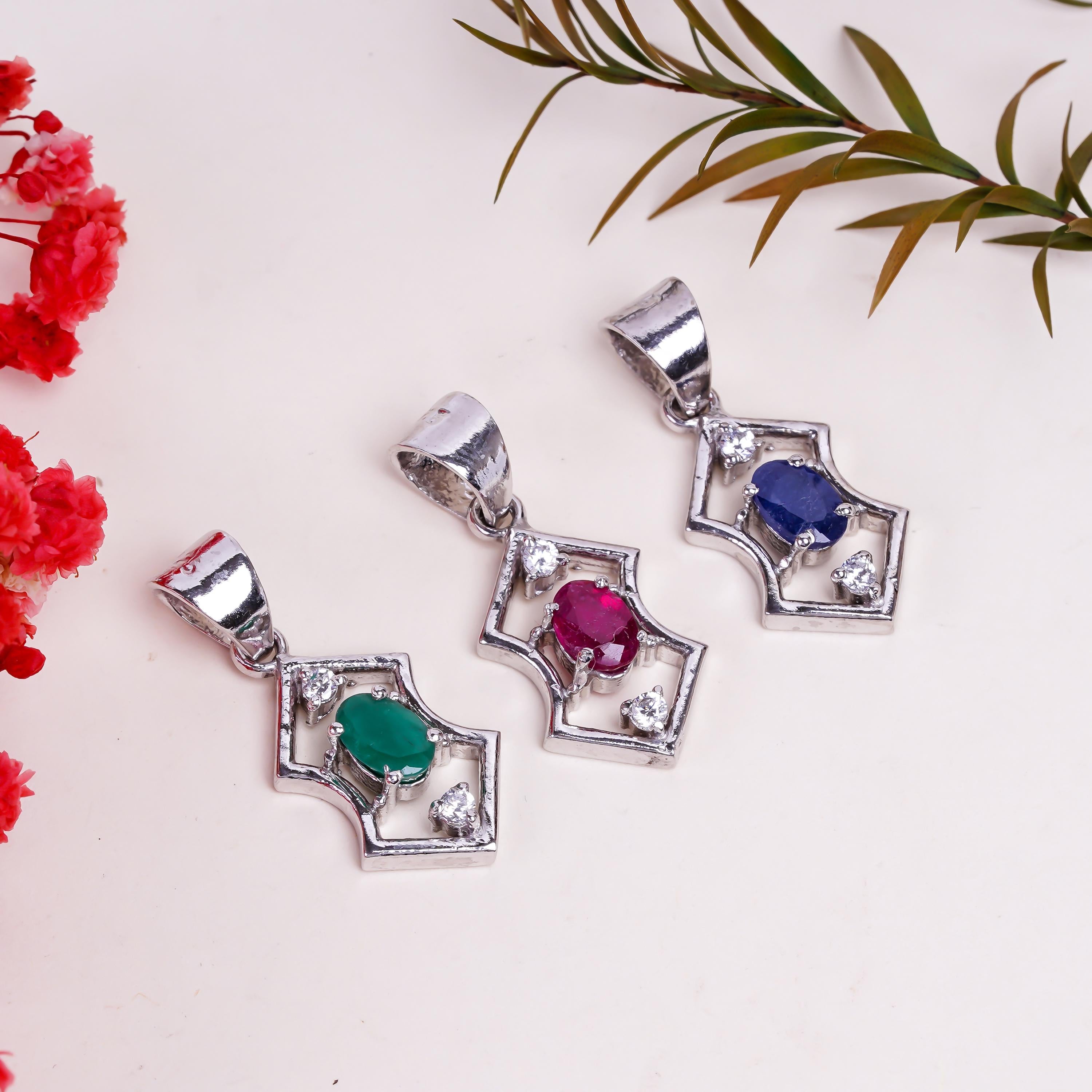 Multi-Stone 925 Sterling Silver Pendant: Garnet, Ruby, Emerald