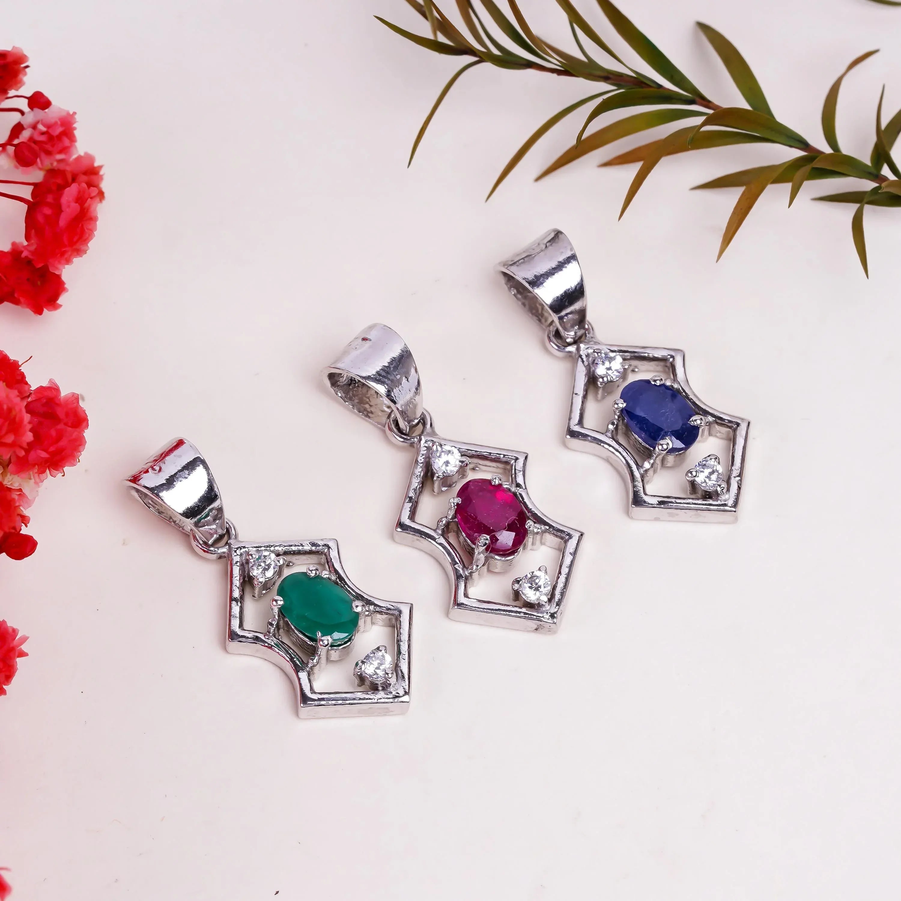 Multi-Stone 925 Sterling Silver Pendant: Garnet, Ruby, Emerald