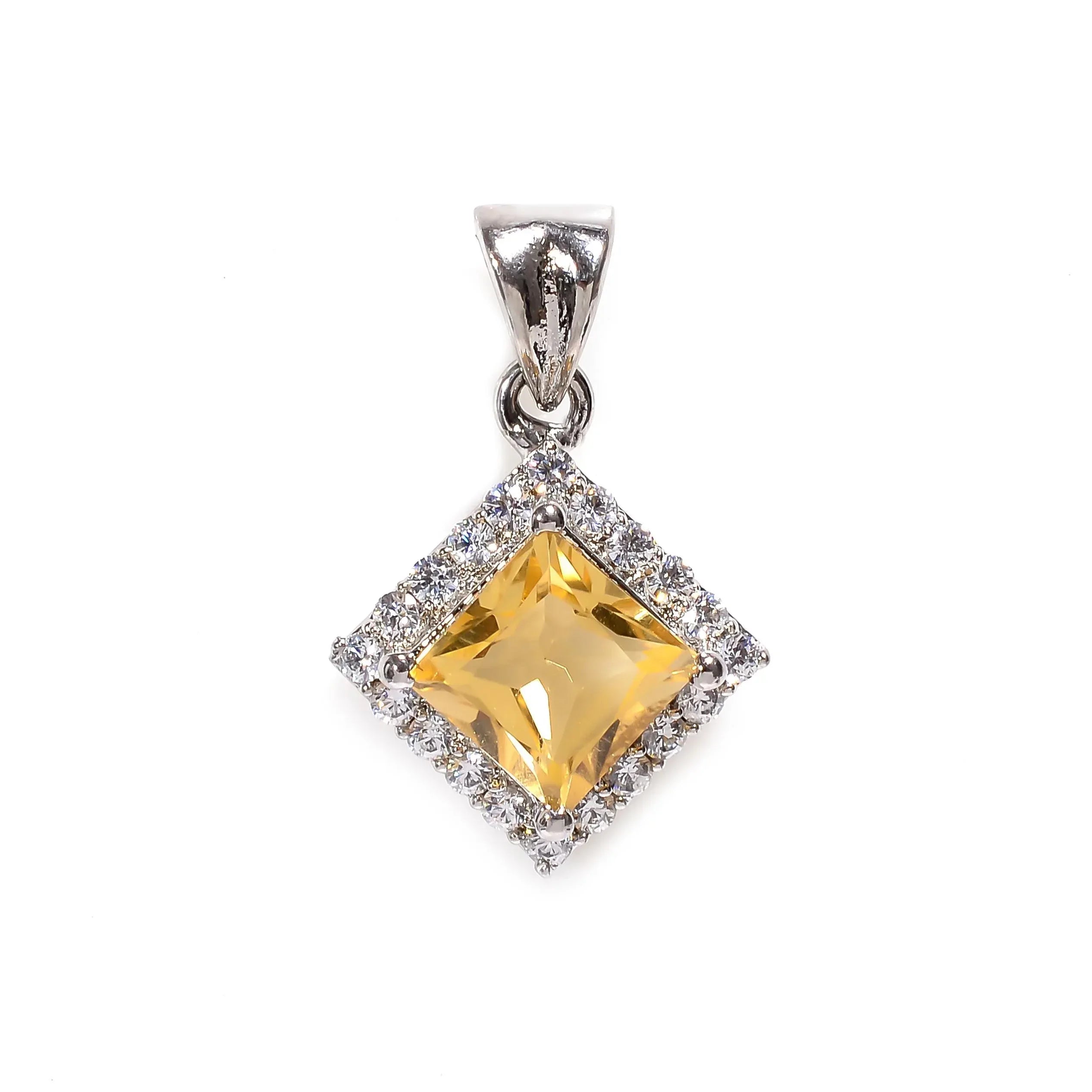 Handmade 925 Sterling Silver Citrine Square Pendant - Elegant Fine Jewelry