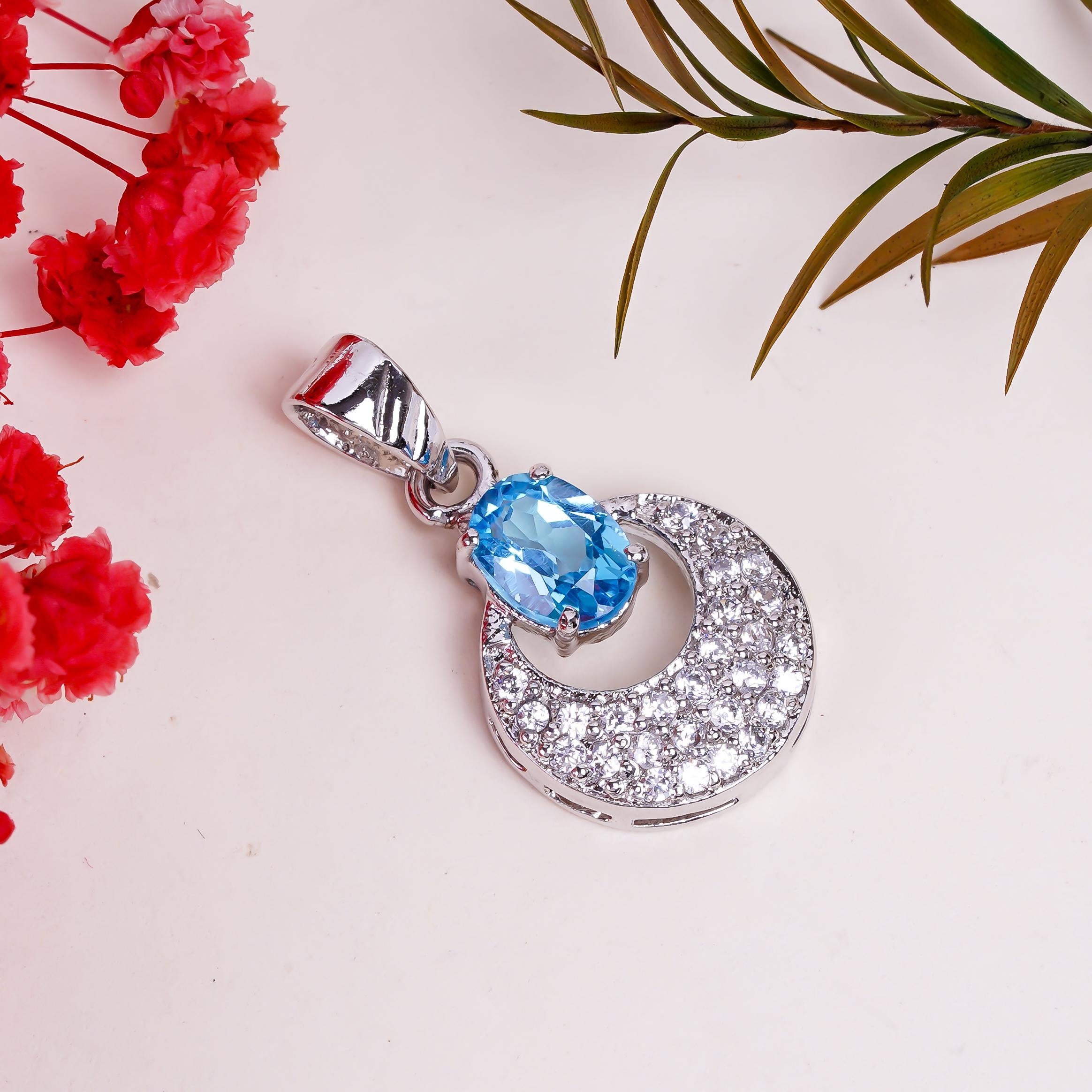 Sky Blue Topaz Pendant: 925 Sterling Silver Moon Jewelry
