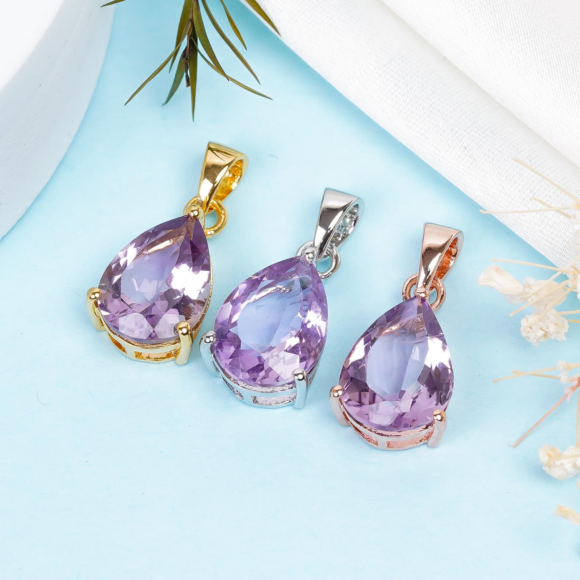 Pink Amethyst Pendant: 925 Sterling Silver Pear, February Birthstone