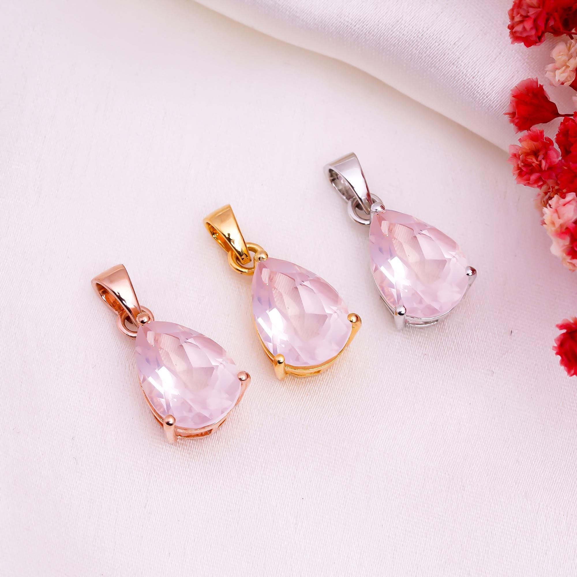 Handmade 925 Sterling Silver Rose Quartz Pear Pendant: Fine Jewelry
