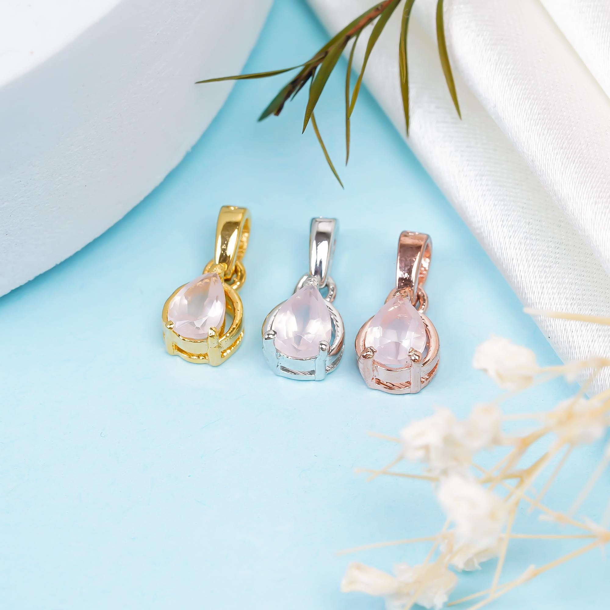 Rose Quartz Pendant: 925 Sterling Silver, Handmade Pear Jewelry