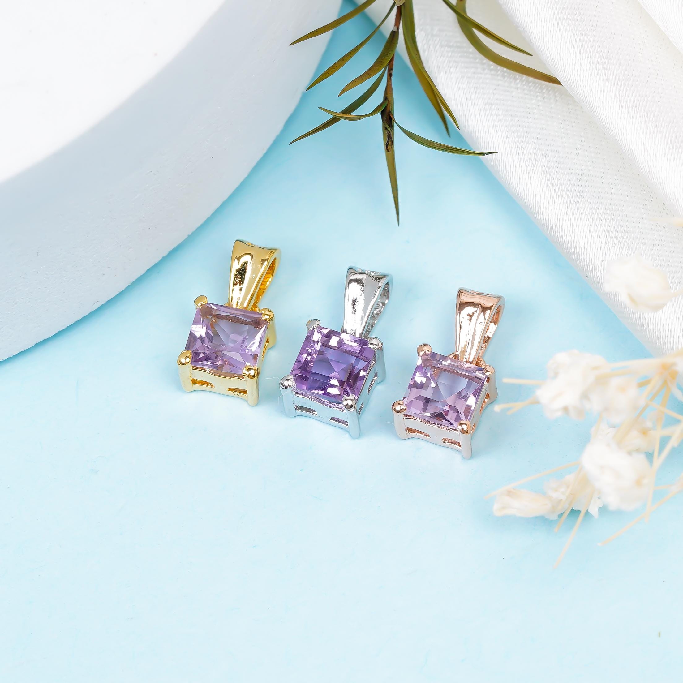 Pink Amethyst Pendant: Square Gemstone, 925 Sterling Silver, Handmade