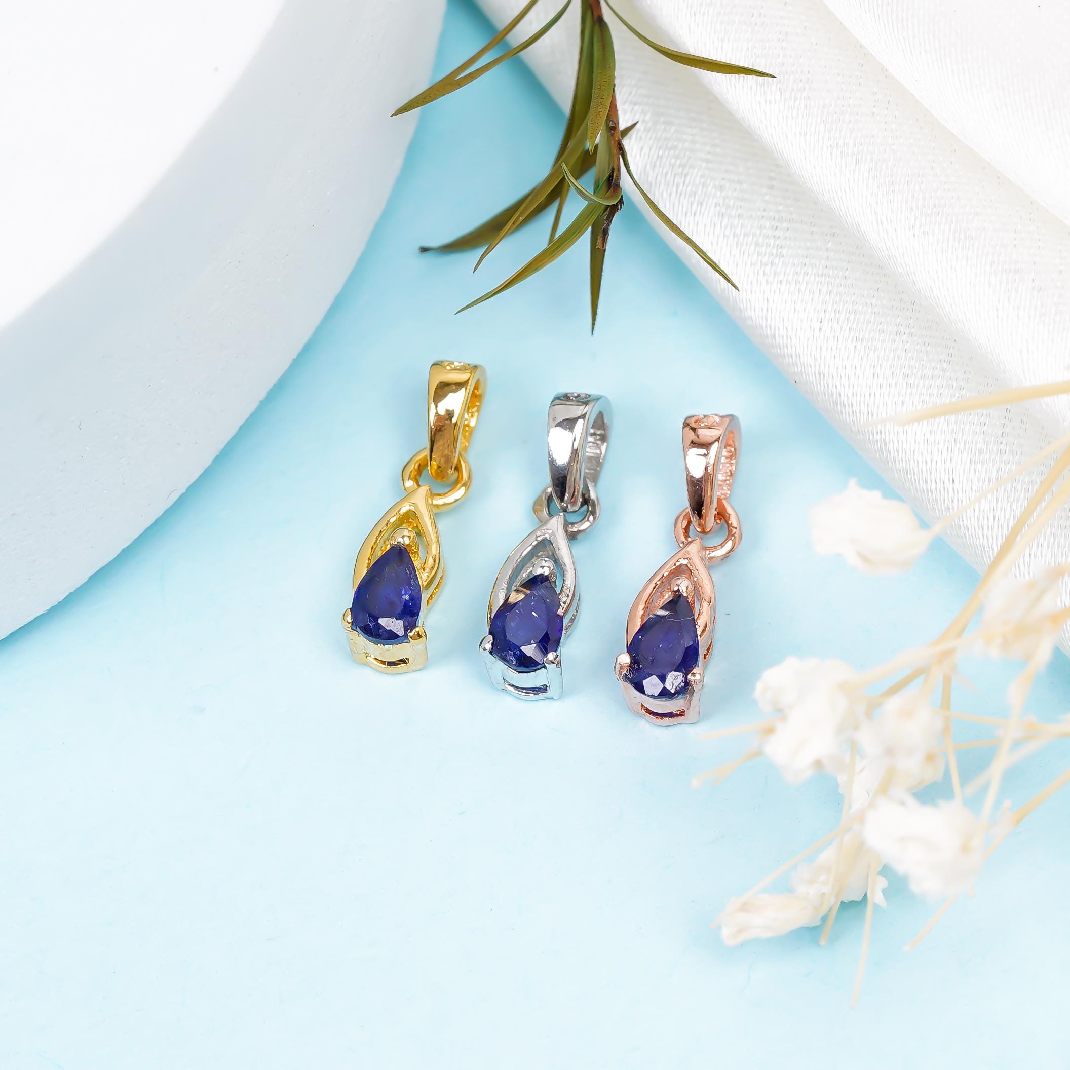 Handmade Pear Blue Sapphire Pendant: 925 Sterling Silver Gemstone Jewelry