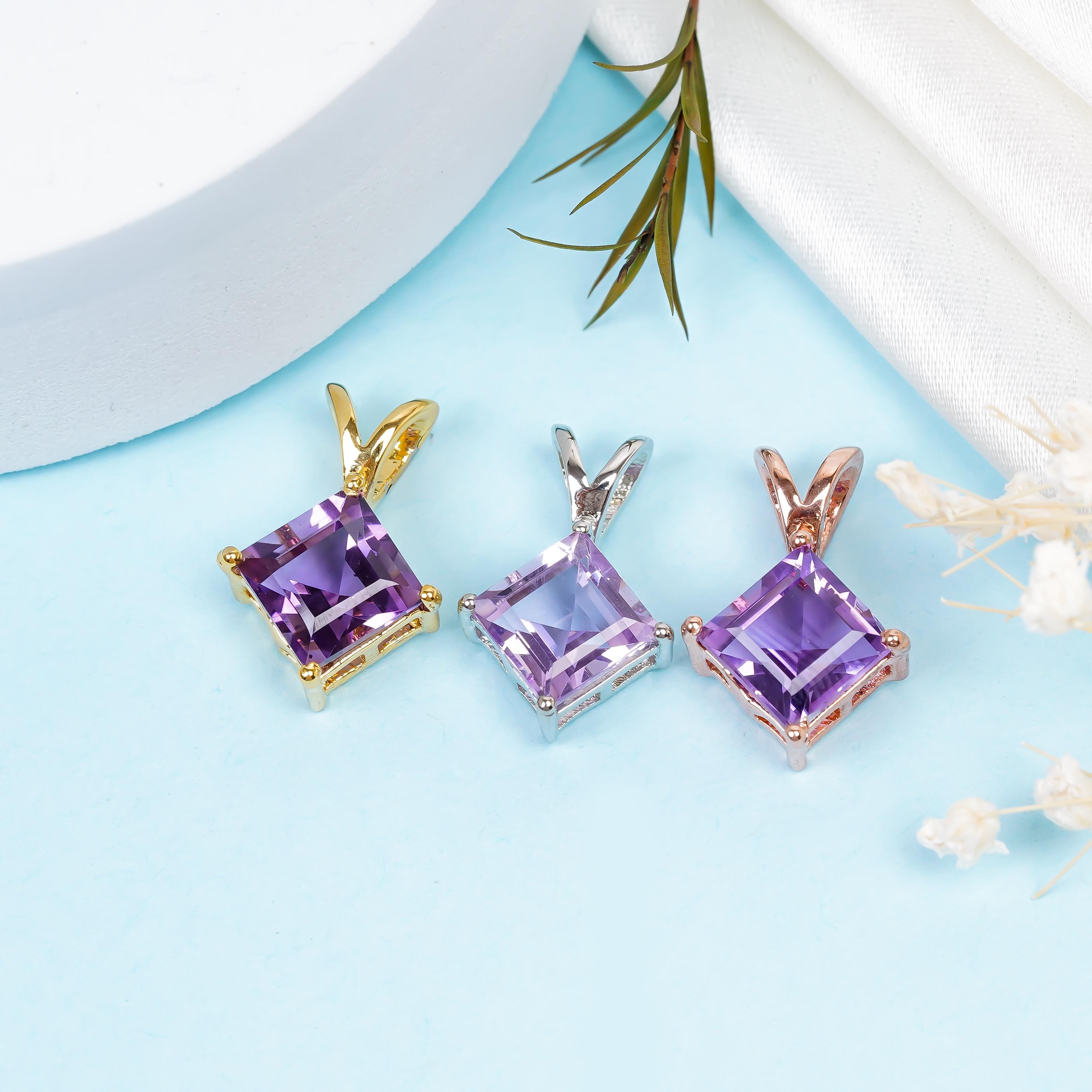 Square Amethyst Pendant: 925 Silver Birthstone Jewelry, 8mm Cut Stone