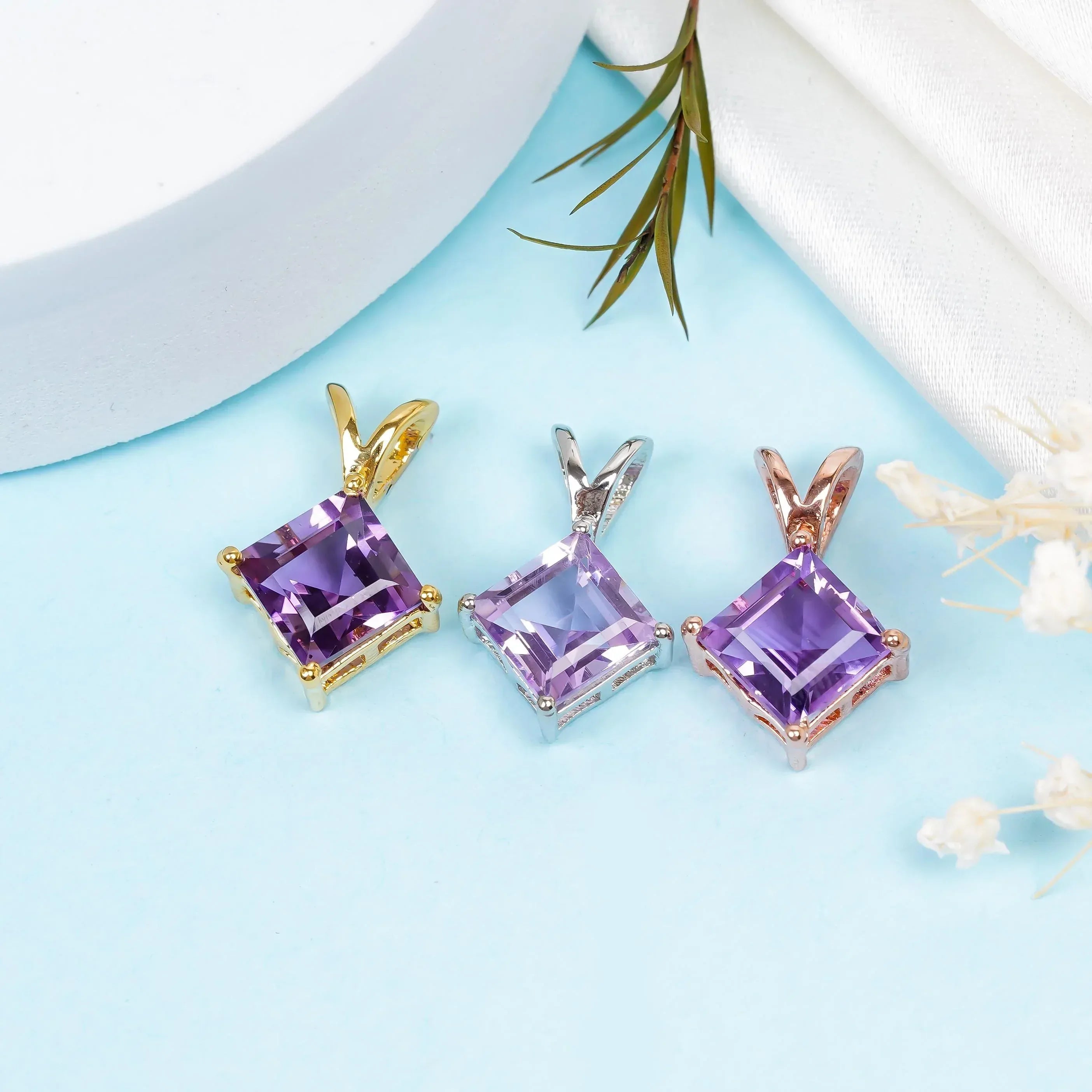Square Amethyst Pendant: 925 Silver Birthstone Jewelry, 8mm Cut Stone Jewelry