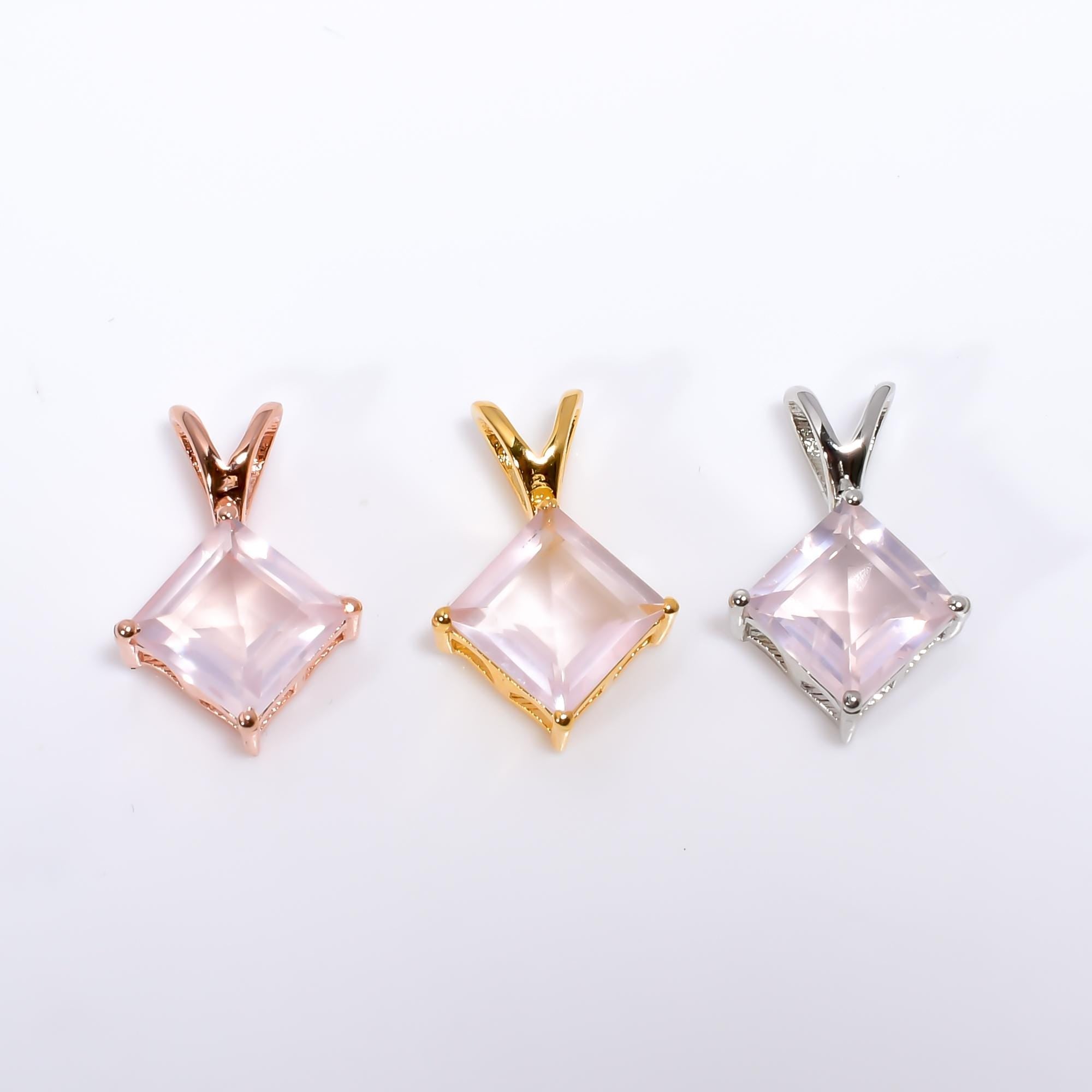 Handmade 8mm Square Rose Quartz 925 Sterling Silver Pendant