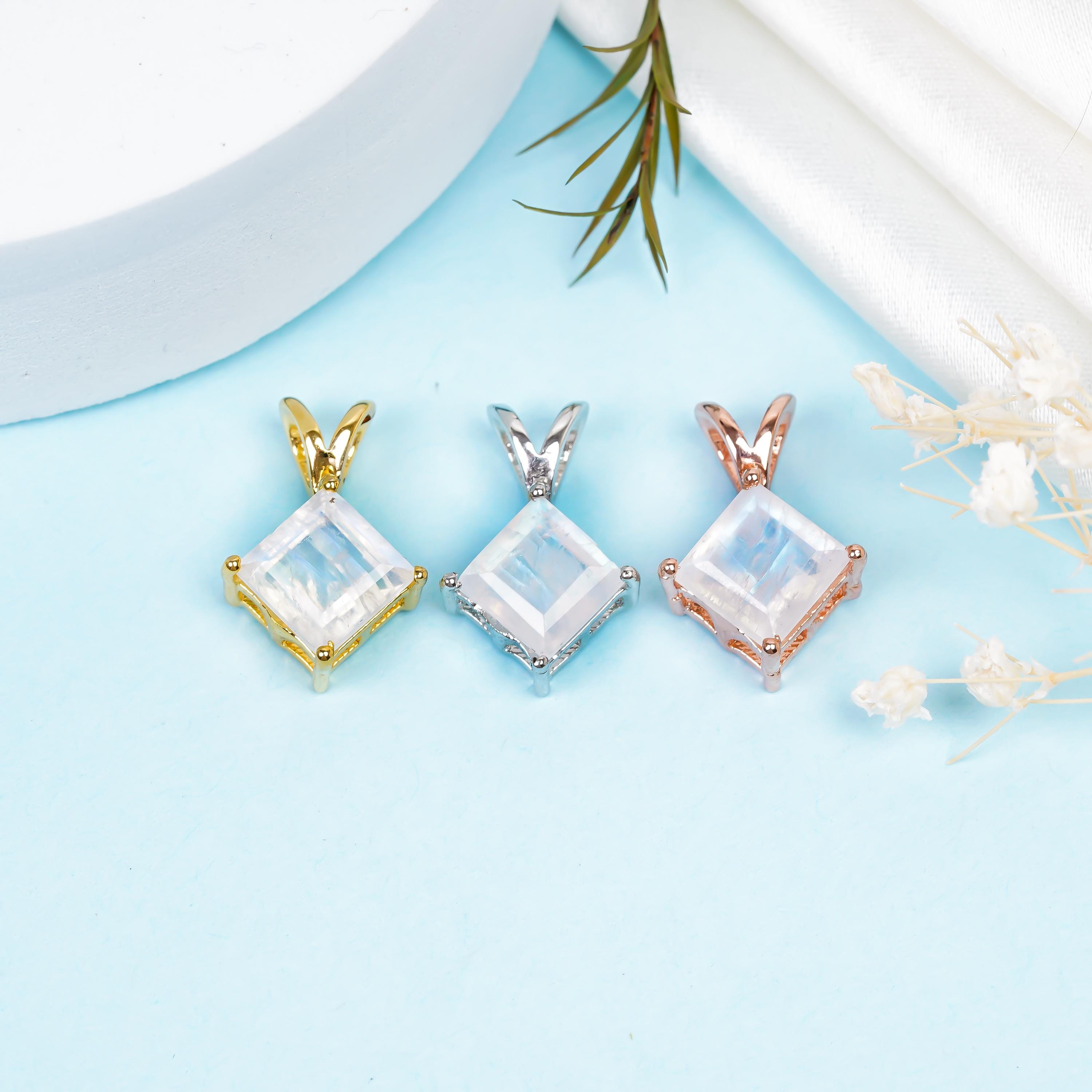 Handmade Square Moonstone Pendant: 925 Sterling Silver Boho Jewelry