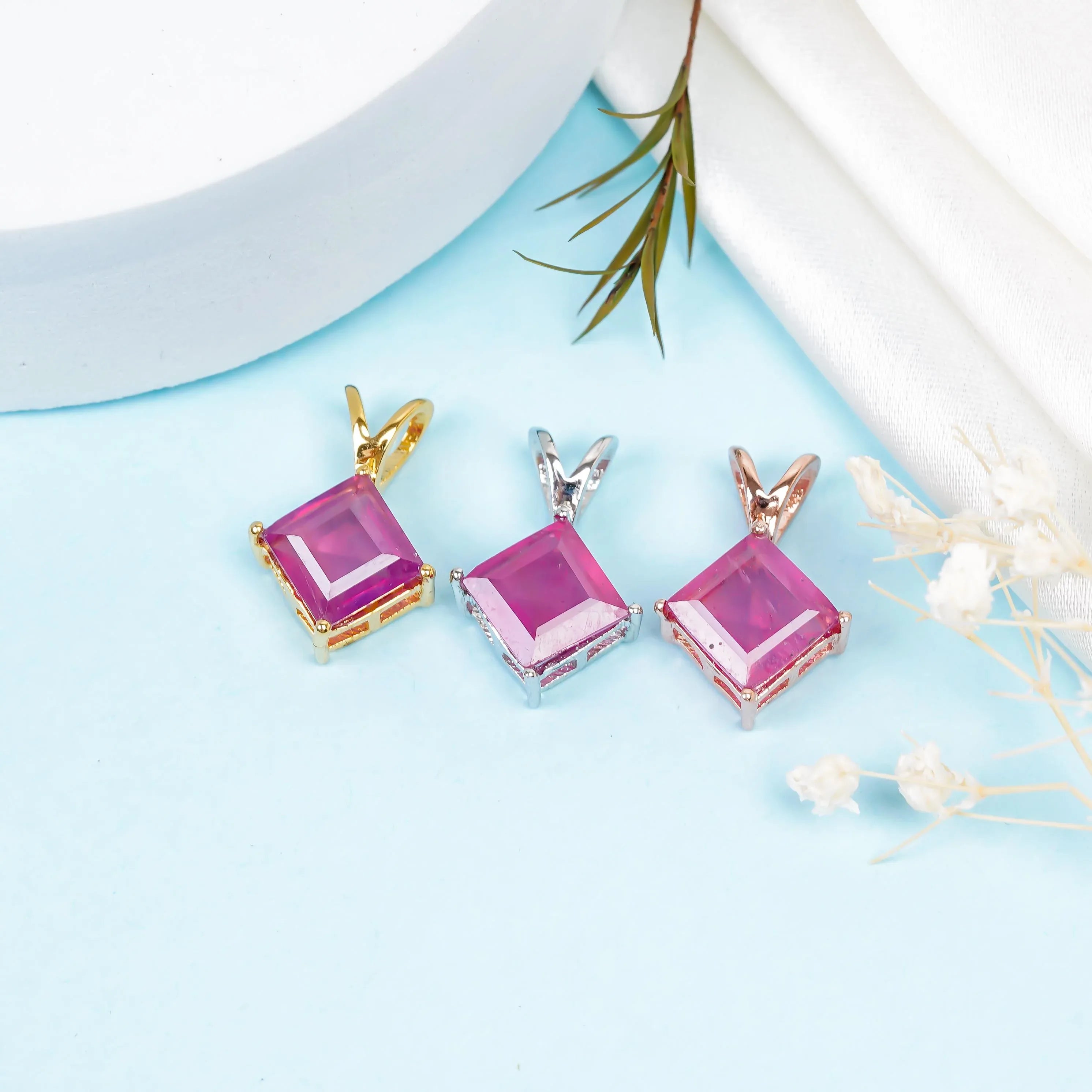 Faceted Ruby 925 Sterling Silver Pendant: Handmade Square Gemstone - Himalya Quartz