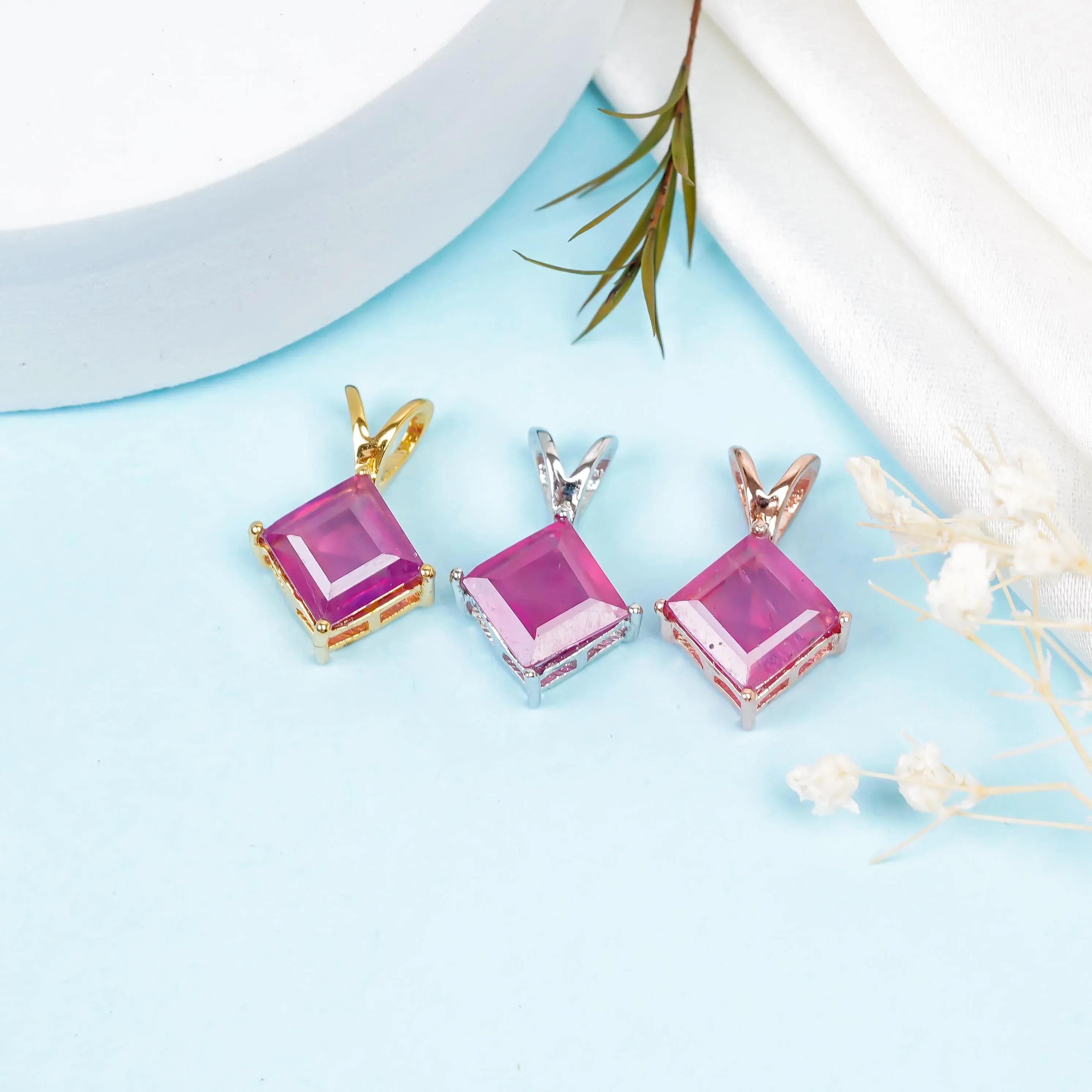 Faceted Ruby 925 Sterling Silver Pendant: Handmade Square Gemstone Jewelry