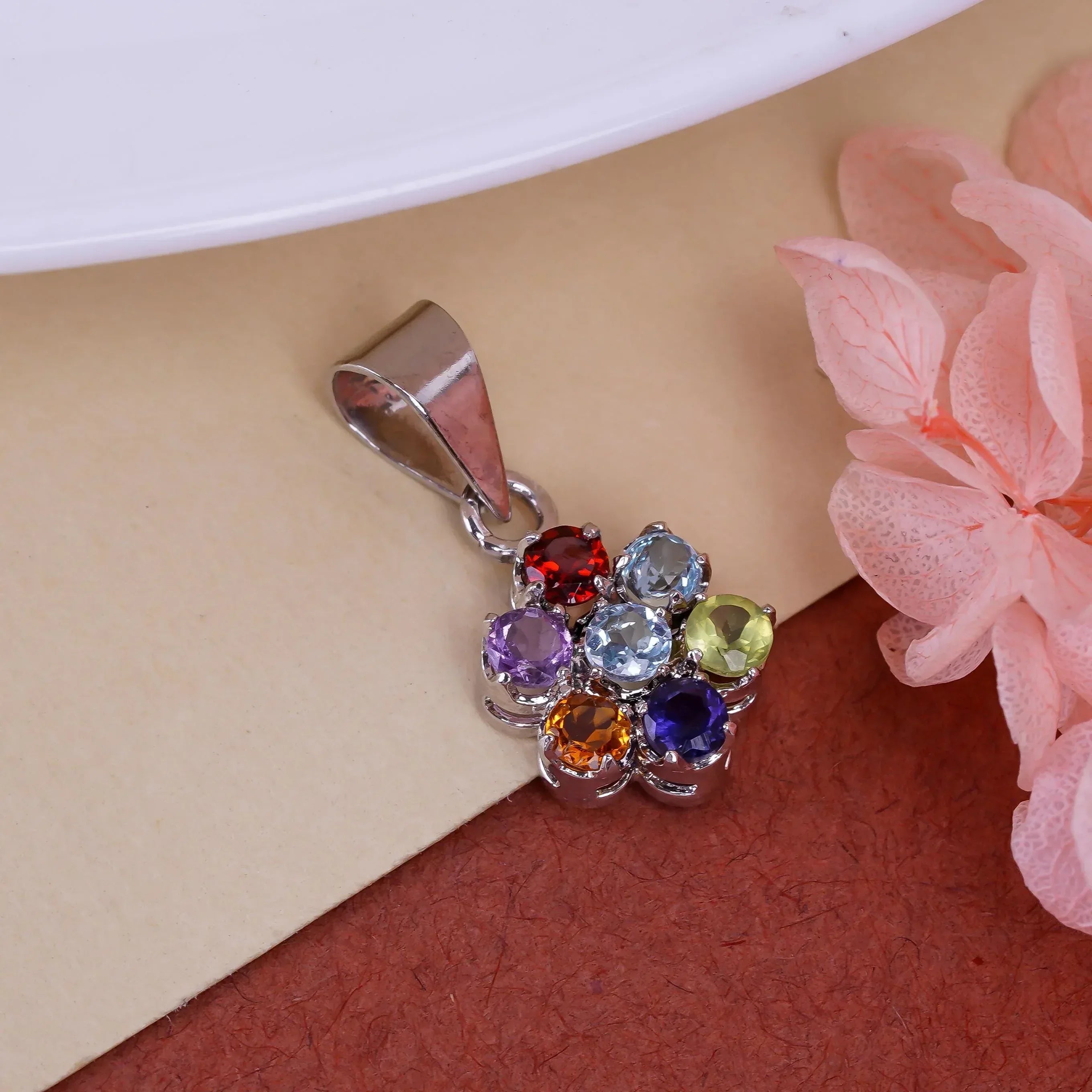 Flower Gemstone Pendant: 925 Sterling Silver, Handmade Jewelry
