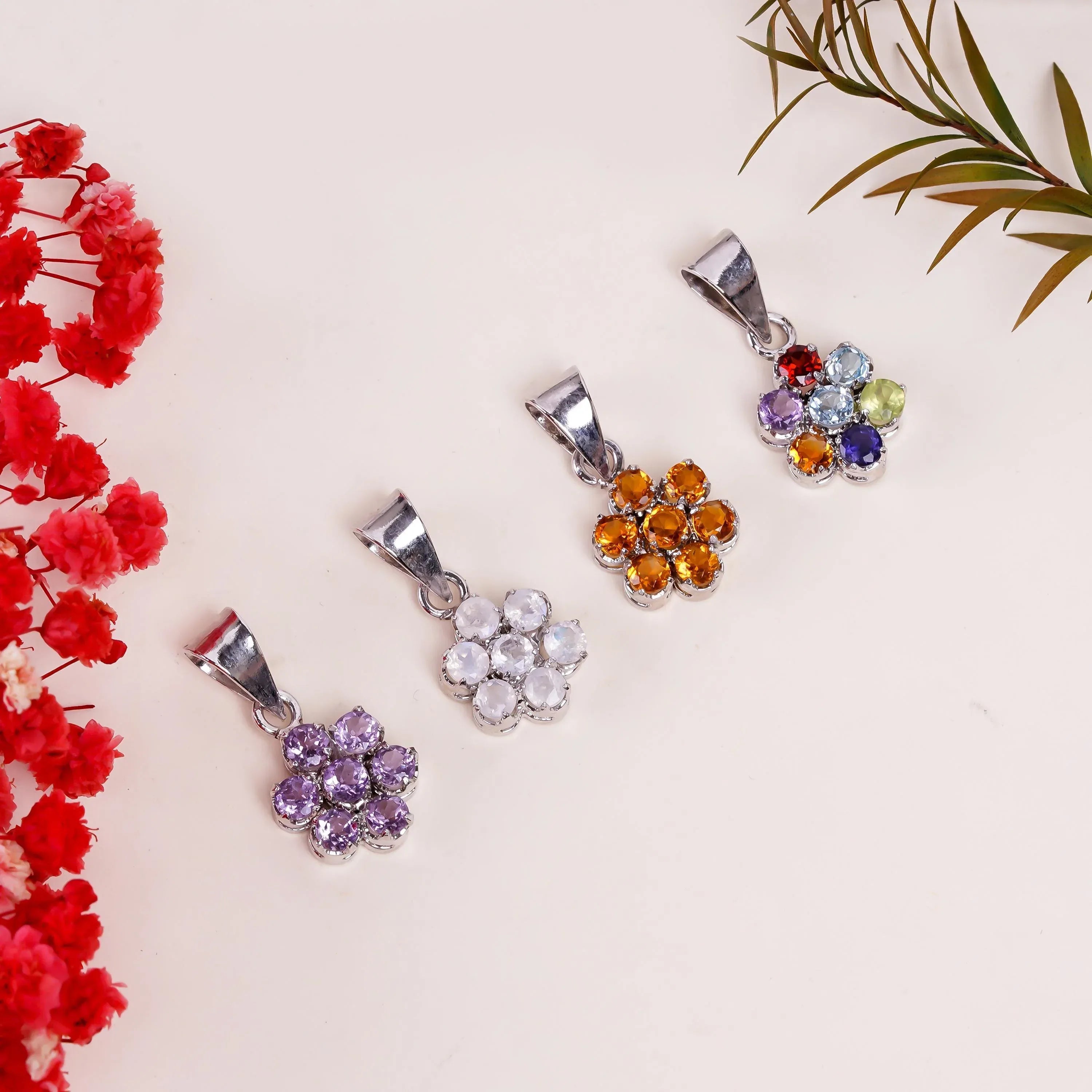 Flower Gemstone Pendant: 925 Sterling Silver, Handmade Jewelry