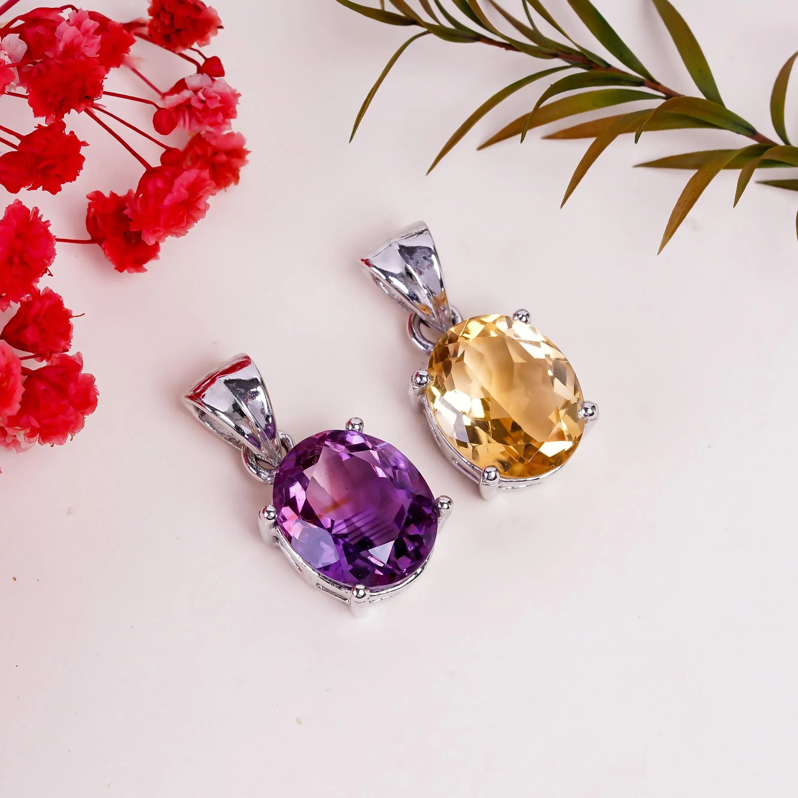 Amethyst or Citrine Pendant: Oval Sterling Silver Bohemian Jewelry