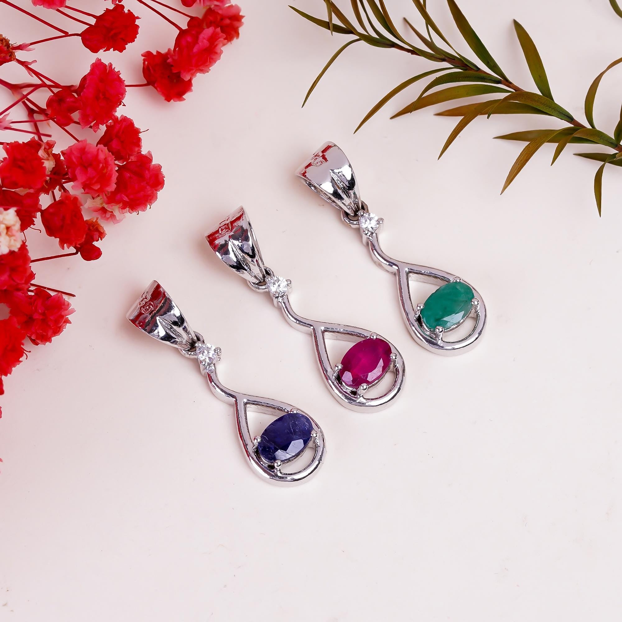 Handmade Sterling Silver Emerald, Ruby & Sapphire Pendant