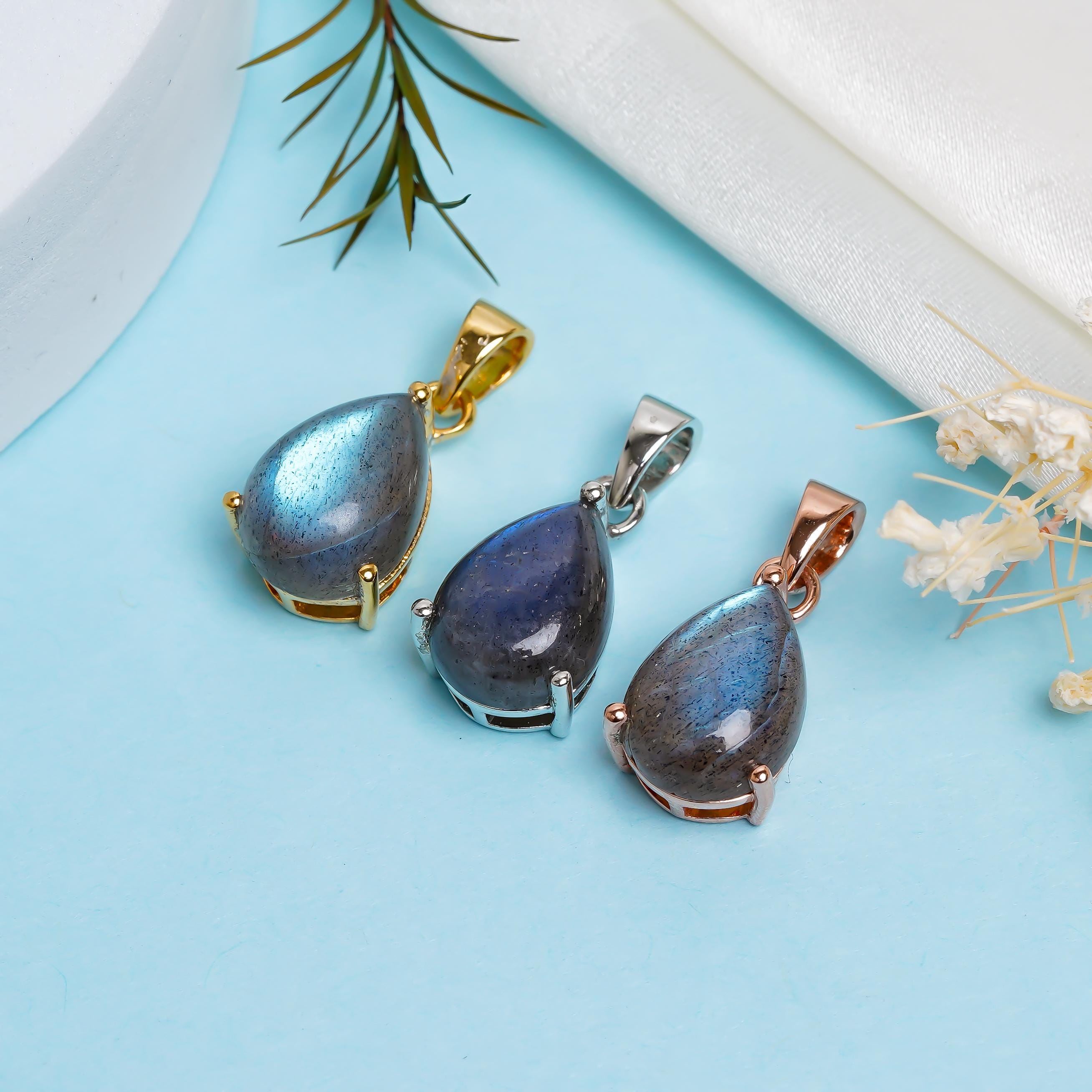 Blue Fire Labradorite Pendant: 925 Sterling Silver Pear Jewelry