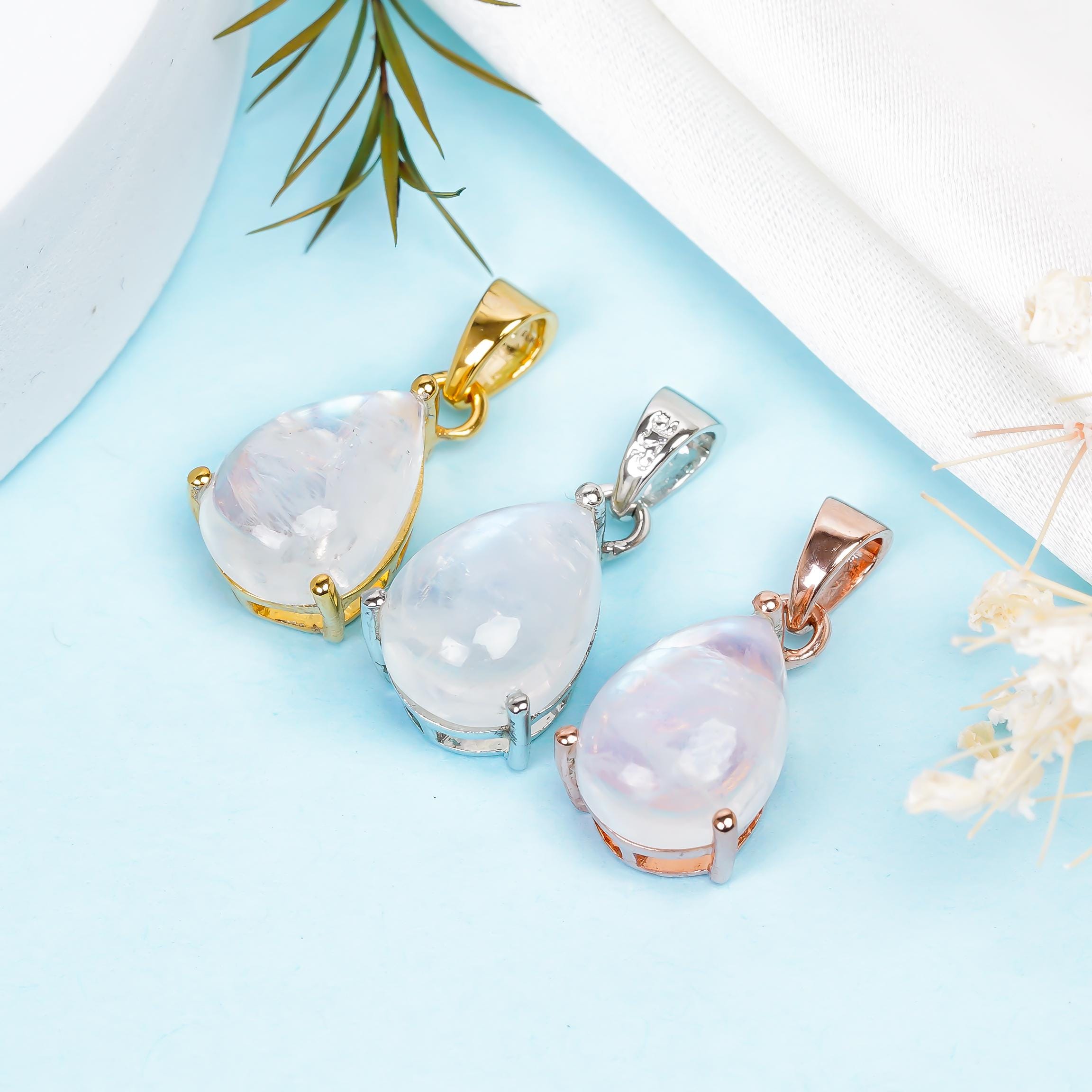 Rainbow Moonstone Teardrop Pendant: 925 Silver Handmade Jewelry