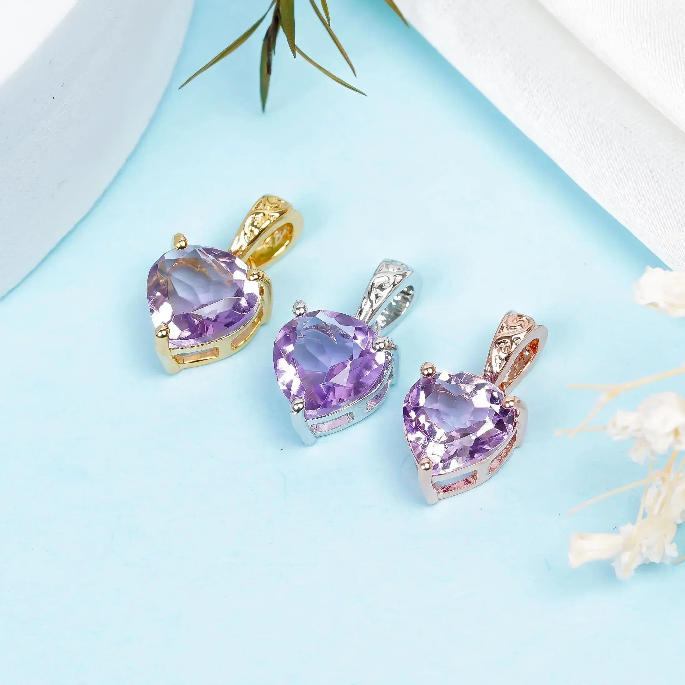 Pink Amethyst Heart Pendant: 925 Sterling Silver, Gold Plated Jewelry