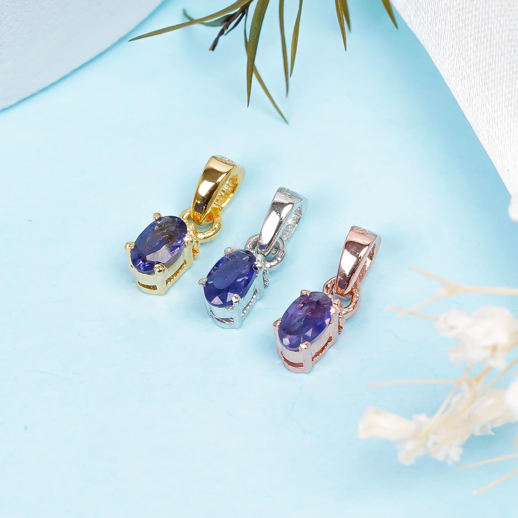 Handmade Iolite Gemstone Pendant: 925 Sterling Silver & Yellow Gold