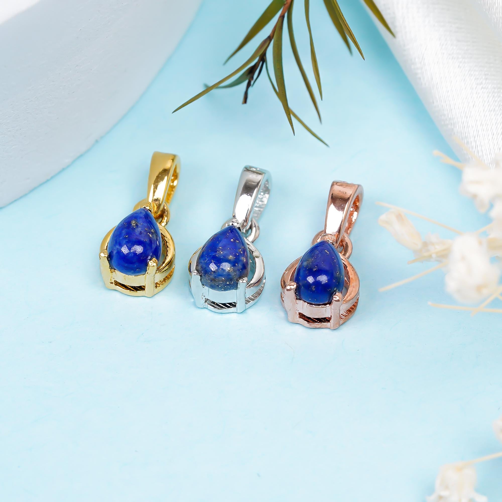 Handmade Lapis Lazuli Pendant: 925 Sterling Silver Pear