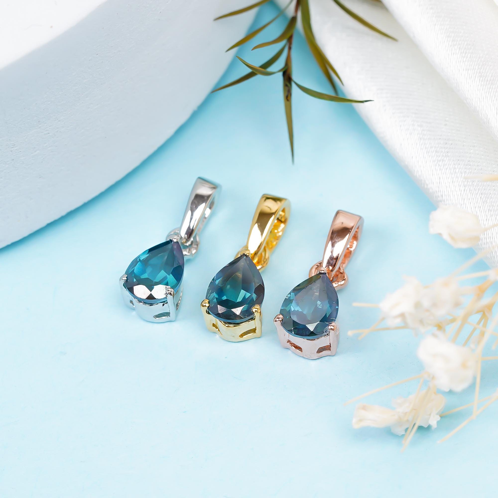 London Blue Topaz Pendant: 925 Sterling Silver Pear Stone