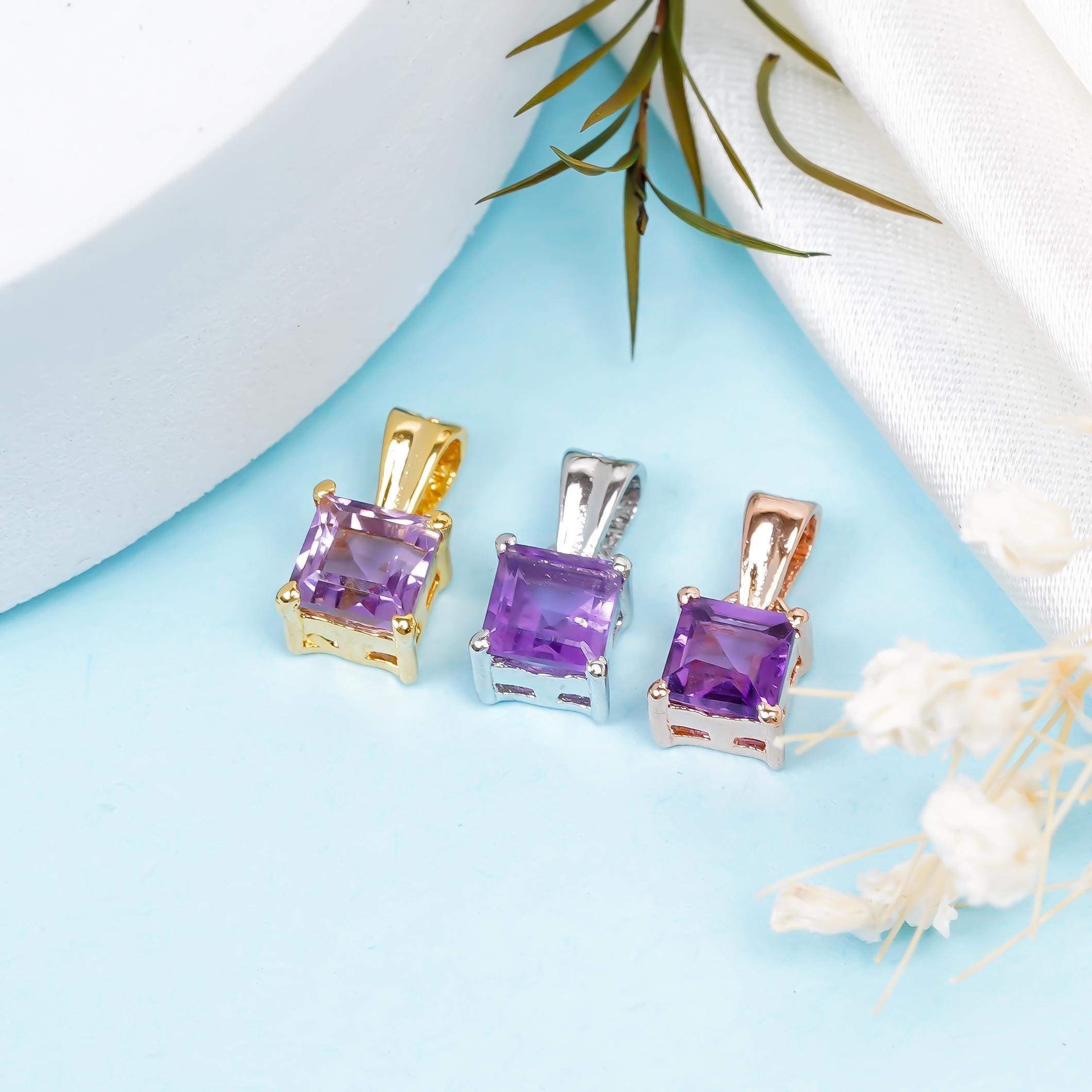 Amethyst Pendant: Square Gemstone, 925 Sterling Silver, February Birthstone