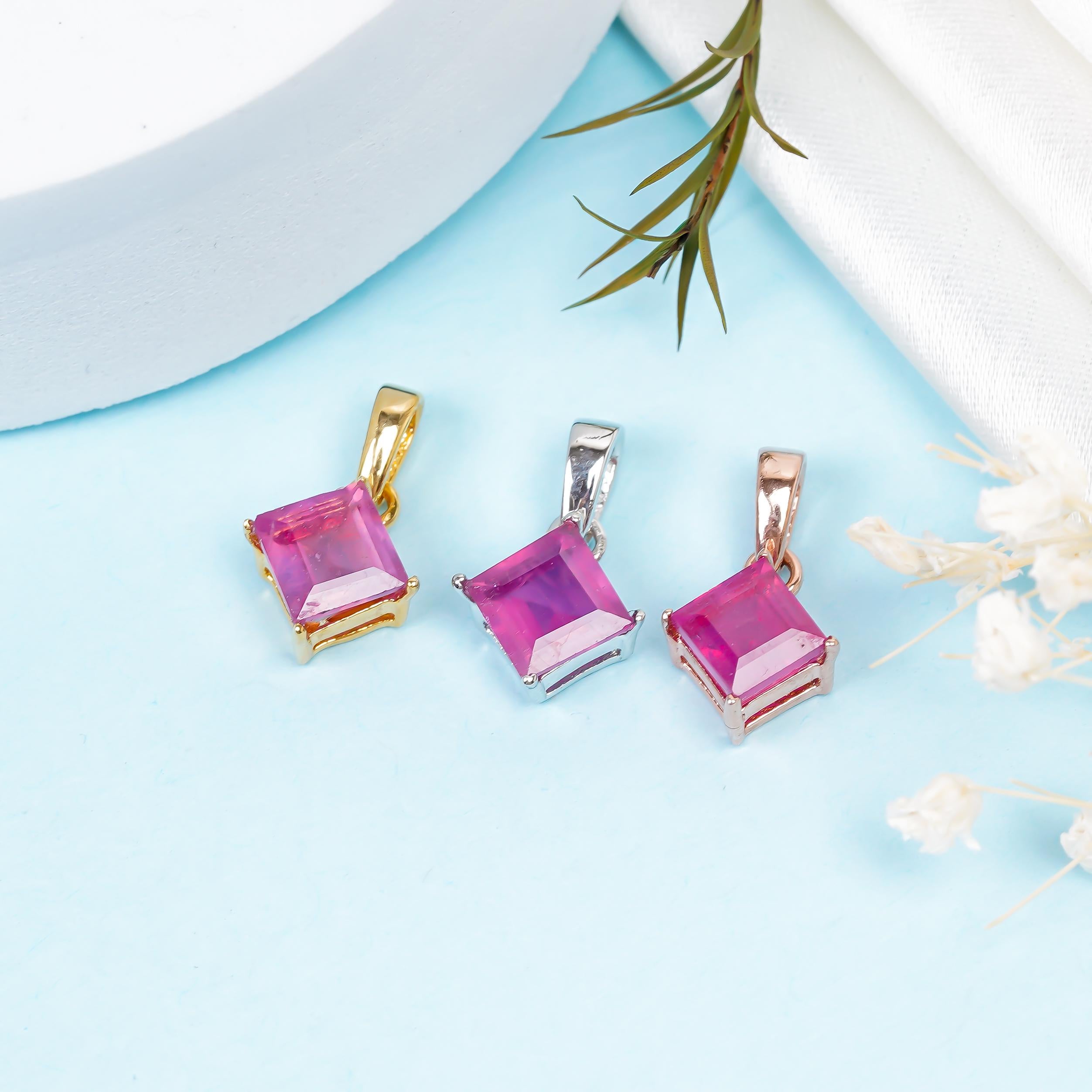 Natural Ruby Pendant: Vintage 925 Sterling Silver, 6mm Square