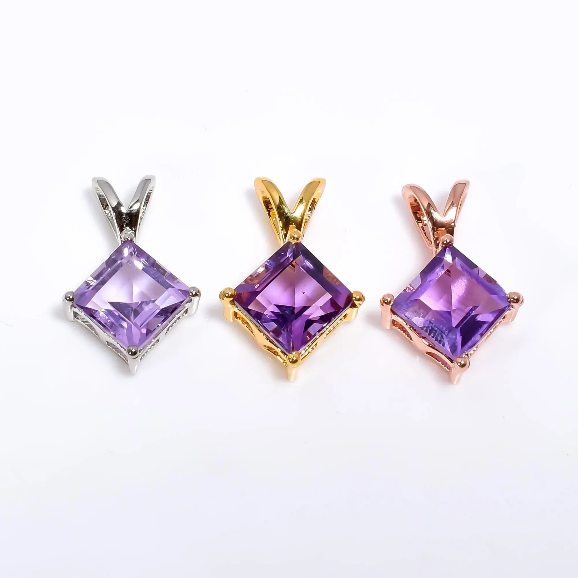 Square Amethyst Pendant: 925 Silver Birthstone Jewelry, 8mm Cut Stone Jewelry