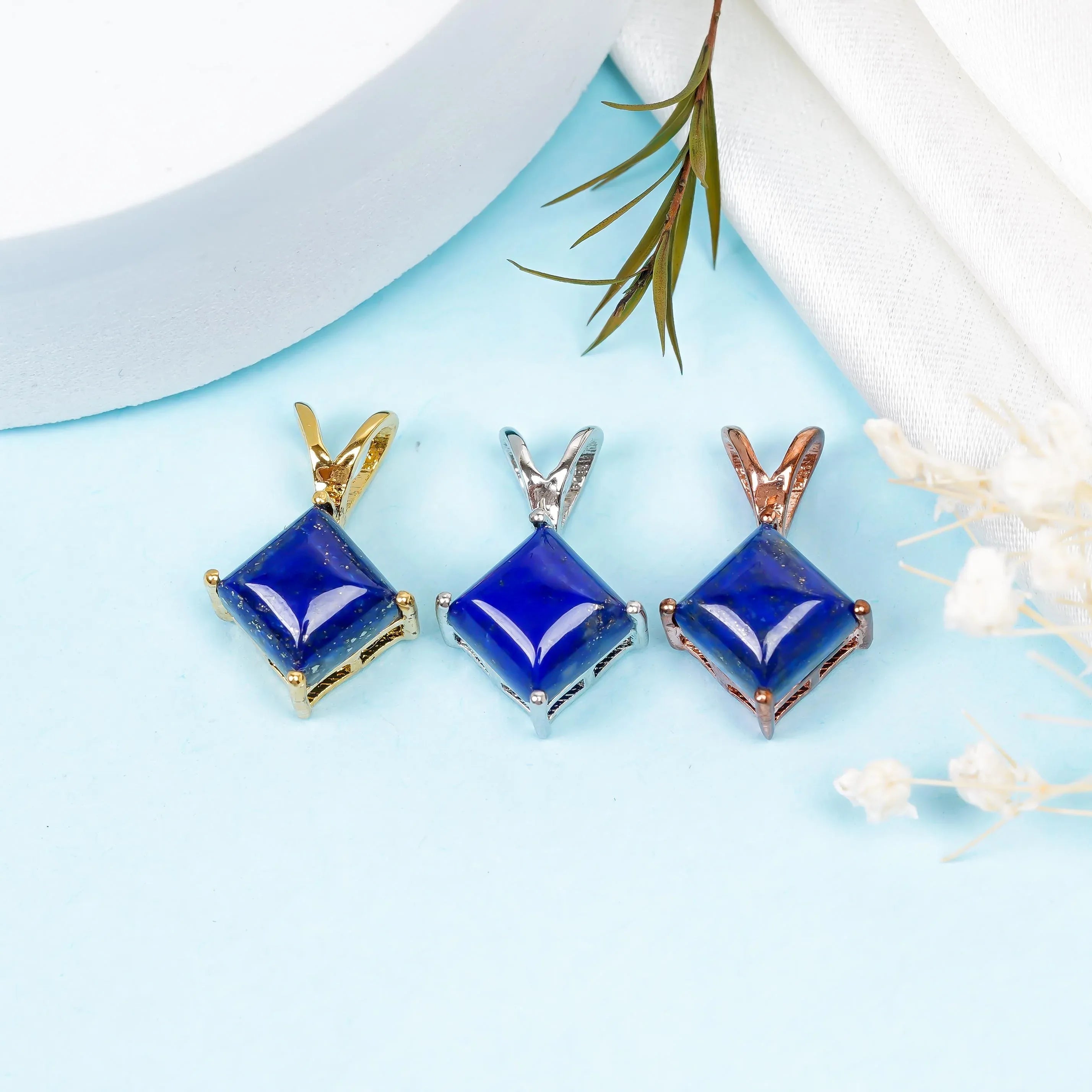 Lapis Lazuli Pendant: 925 Sterling Silver, 8mm Square Stone - Himalya Quartz