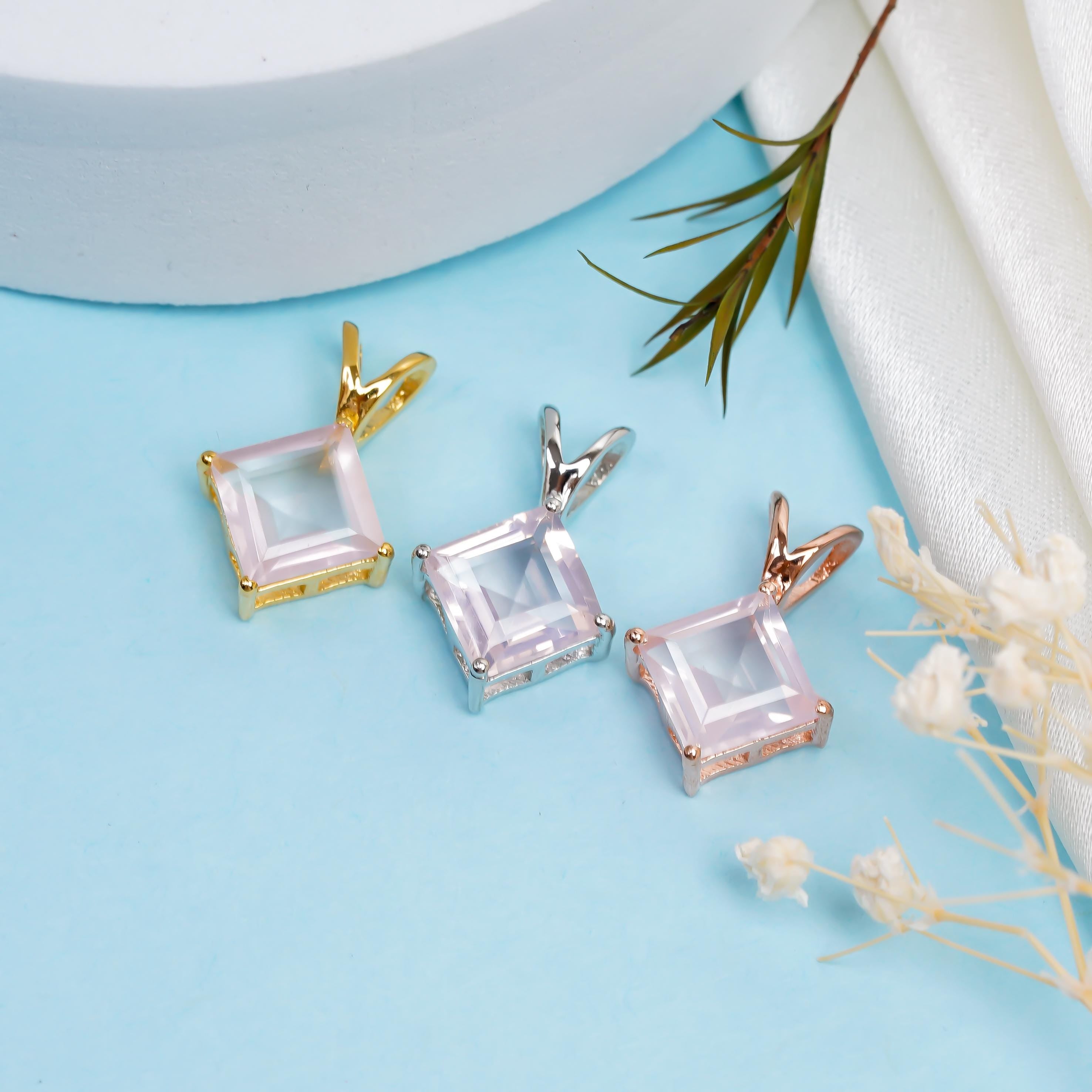 Handmade 8mm Square Rose Quartz 925 Sterling Silver Pendant