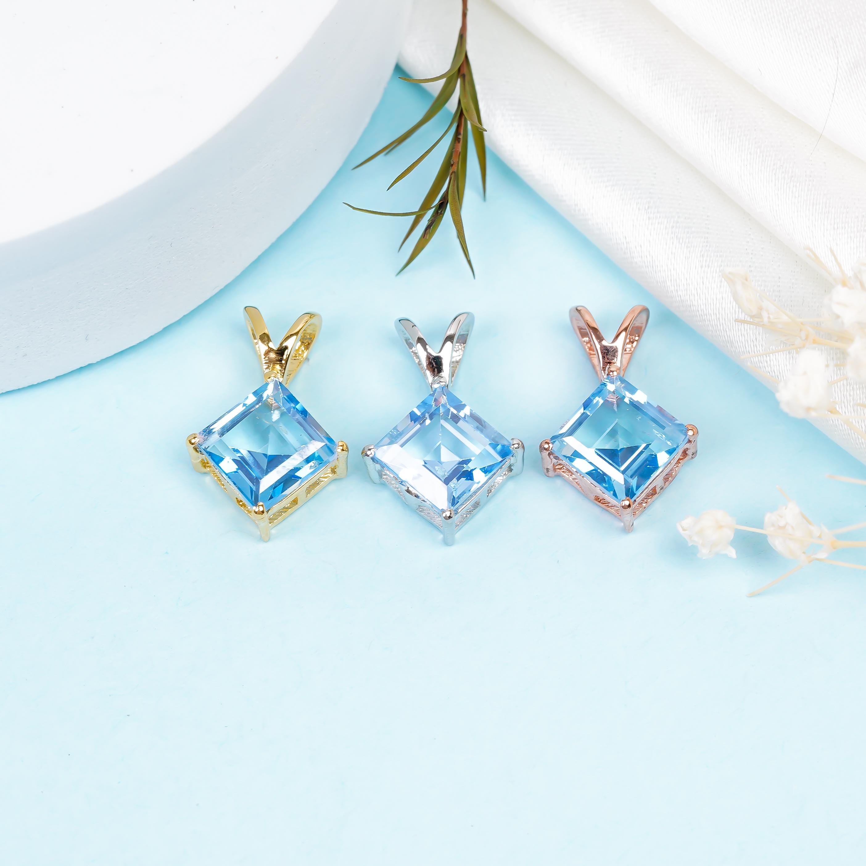 Sterling Silver Blue Topaz Pendant: Square Gemstone Jewelry