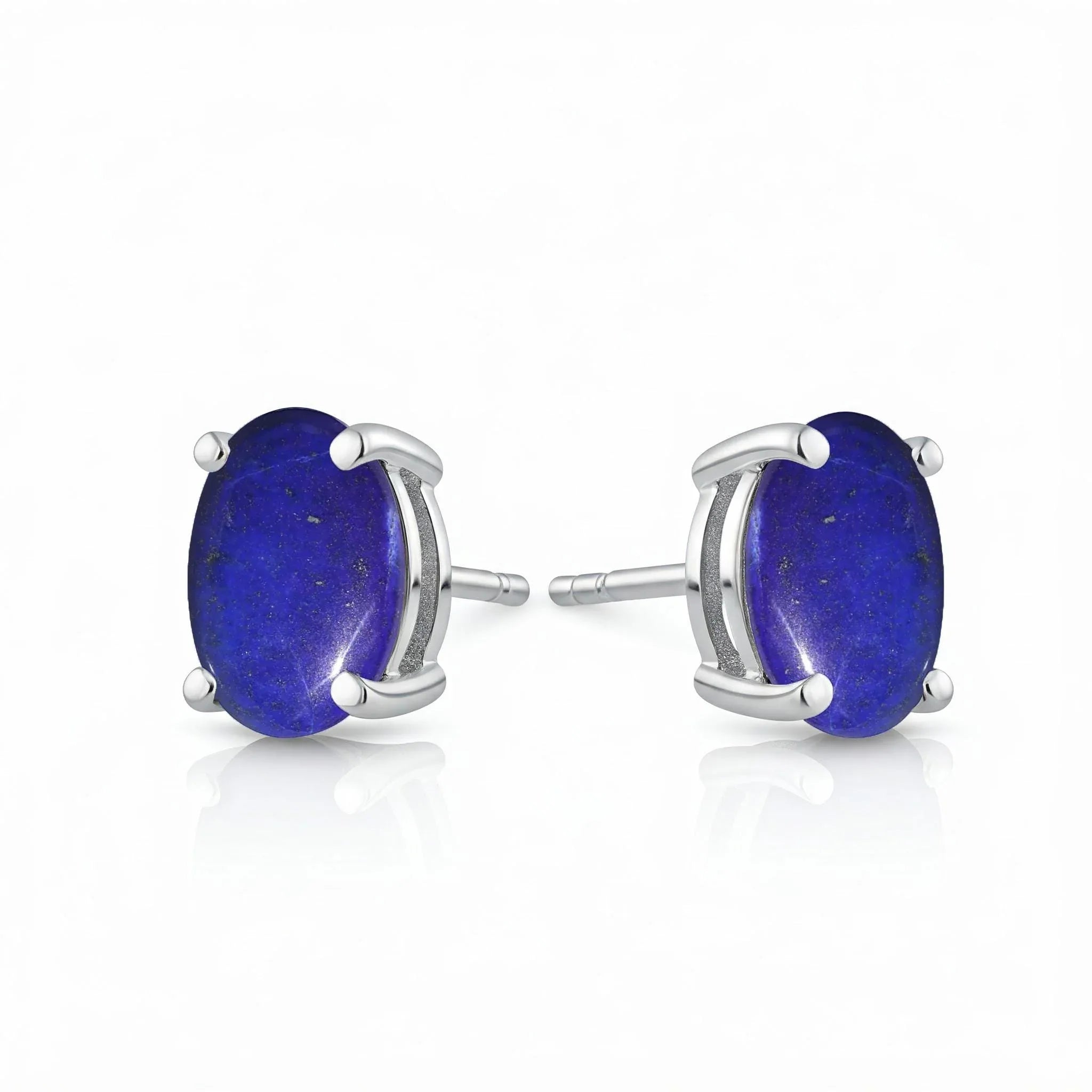 Lapis Lazuli Stud Earrings: 925 Sterling Silver, Oval Gemstone - Himalya Quartz