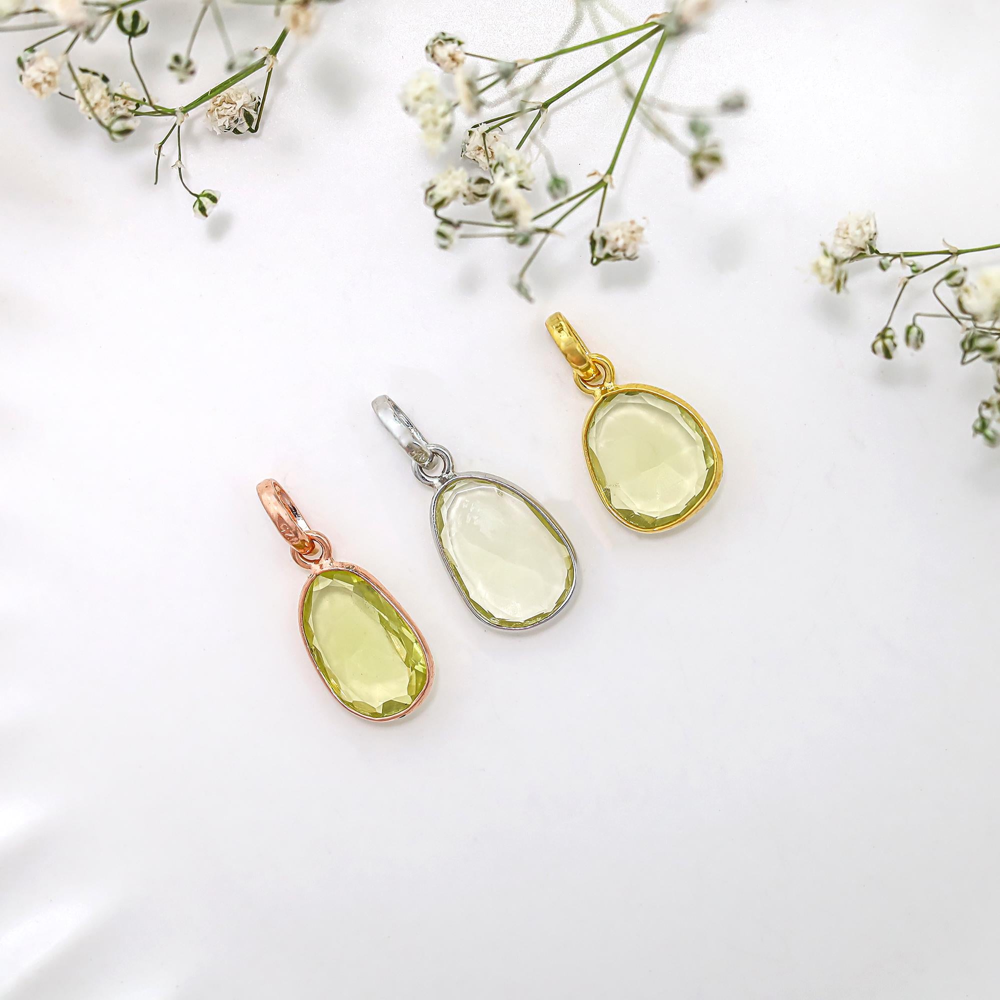 Lemon Quartz Pendant: Rose Cut 925 Sterling Silver Vintage Necklace Jewelry