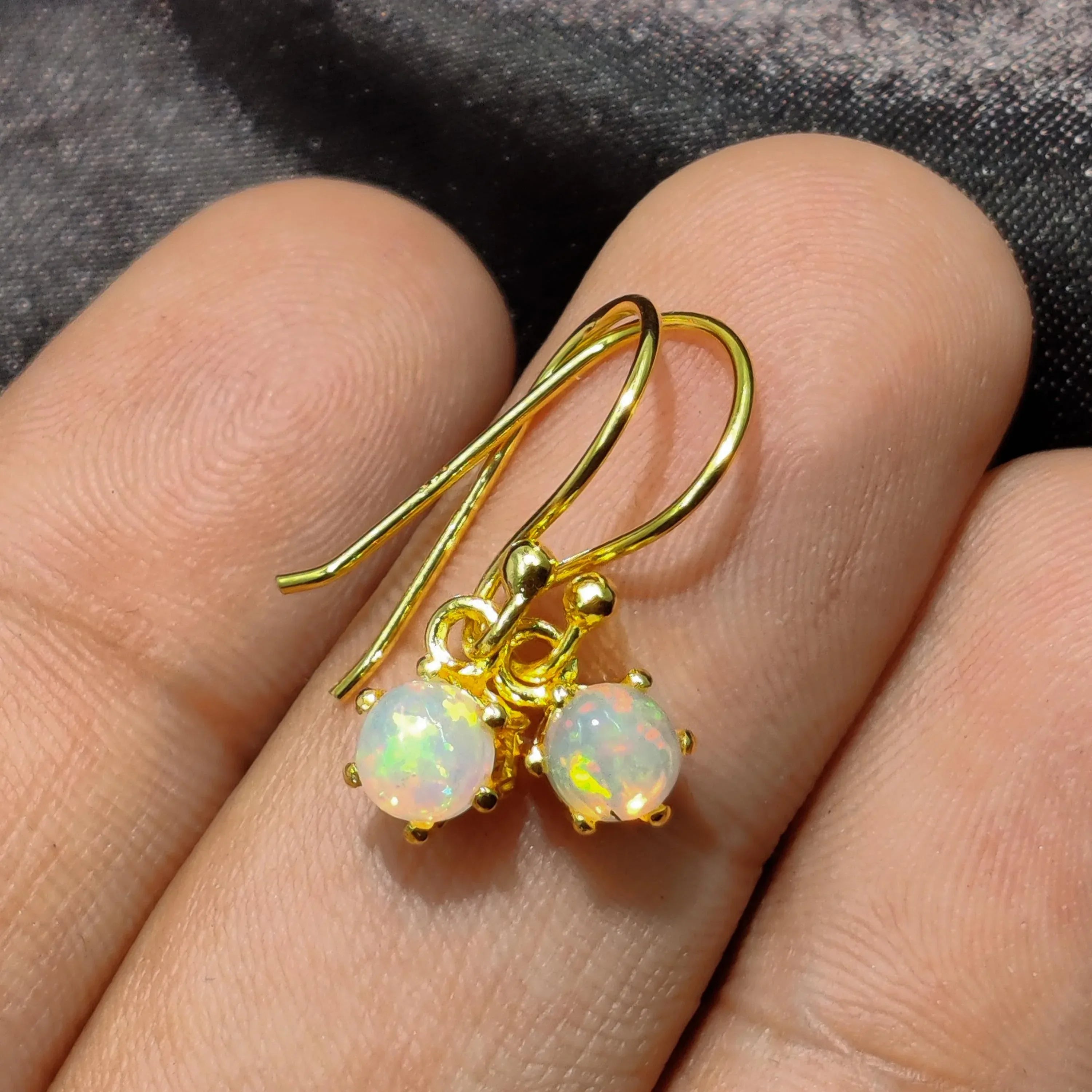 Ethiopian Opal Earrings: 925 Sterling Silver, Yellow Gold Plated 5mm