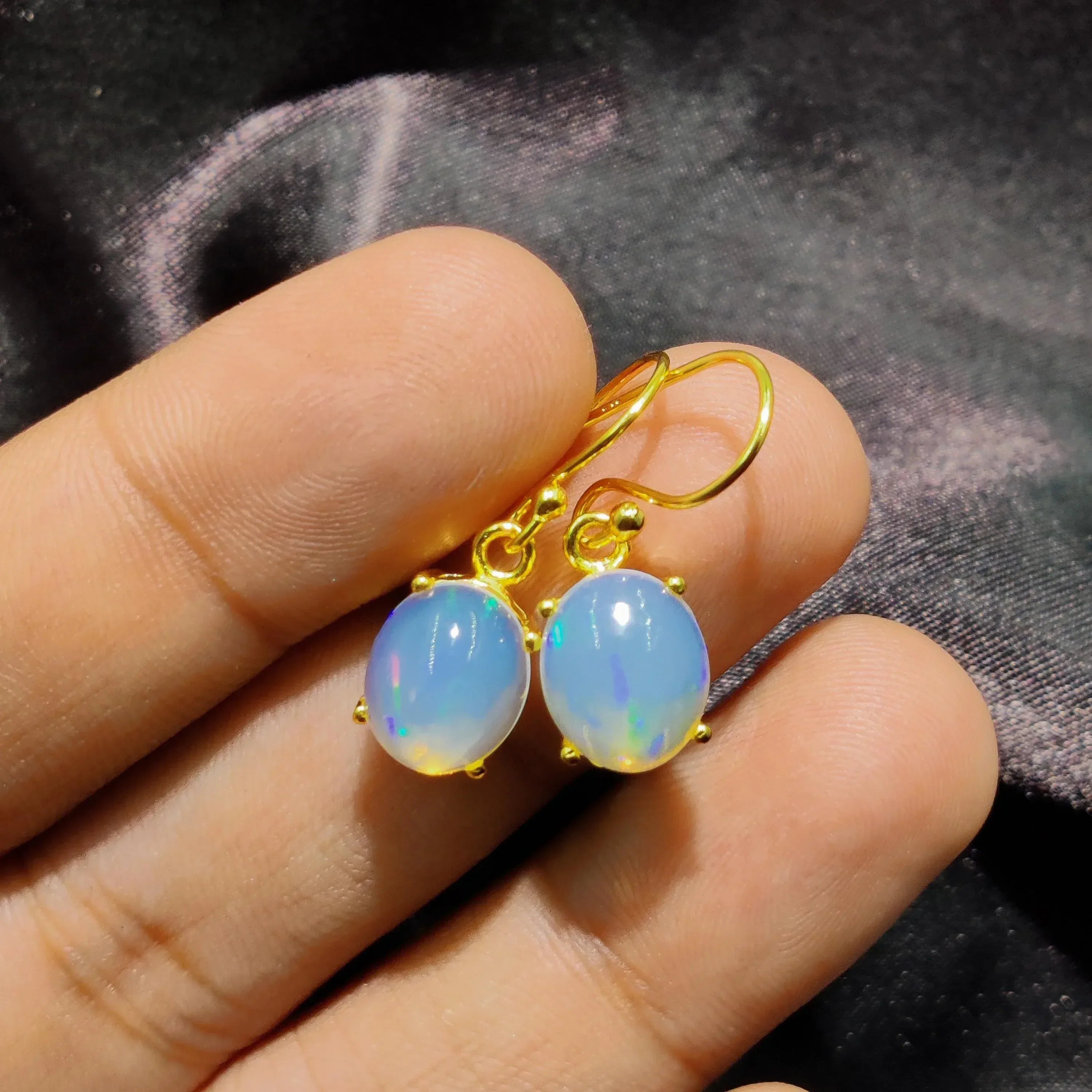 Ethiopian Fire Opal Sterling Silver Earrings: Natural Opal Cabochon Jewelry