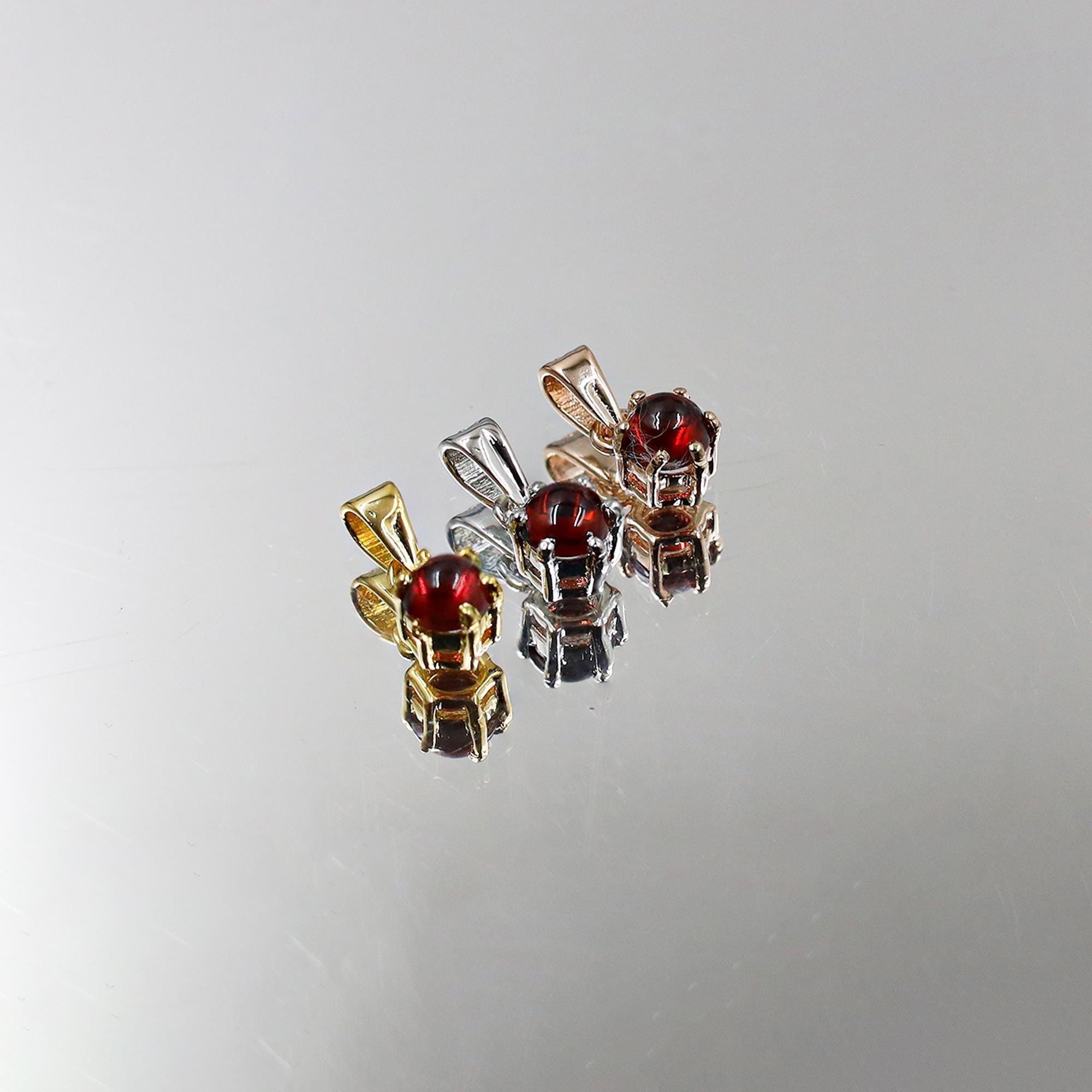 Red Garnet Pendant: Round Cabochon, 925 Sterling Silver, Handmade