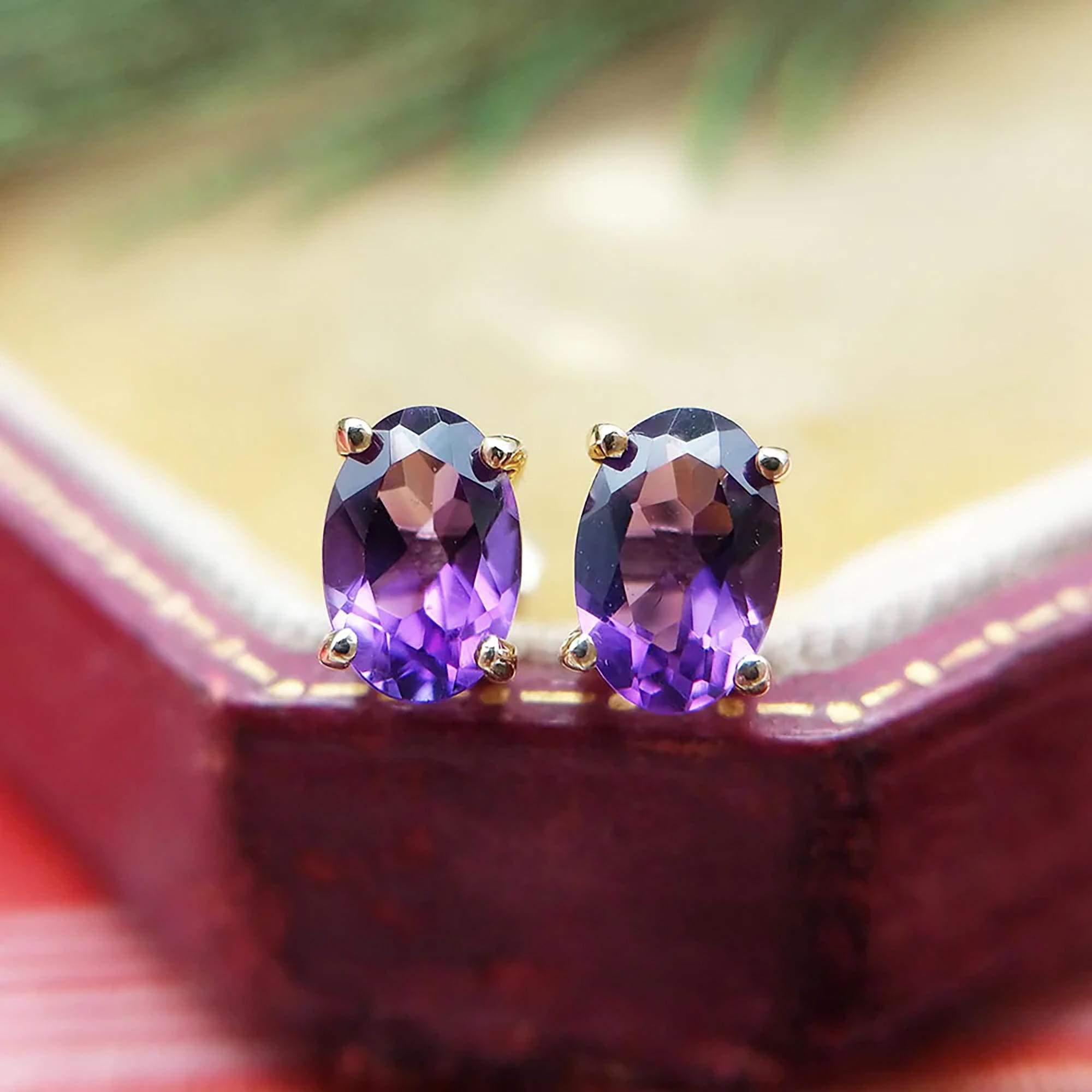 Sterling Silver Amethyst Stud Earrings: Faceted Gemstone, Minimalist Style