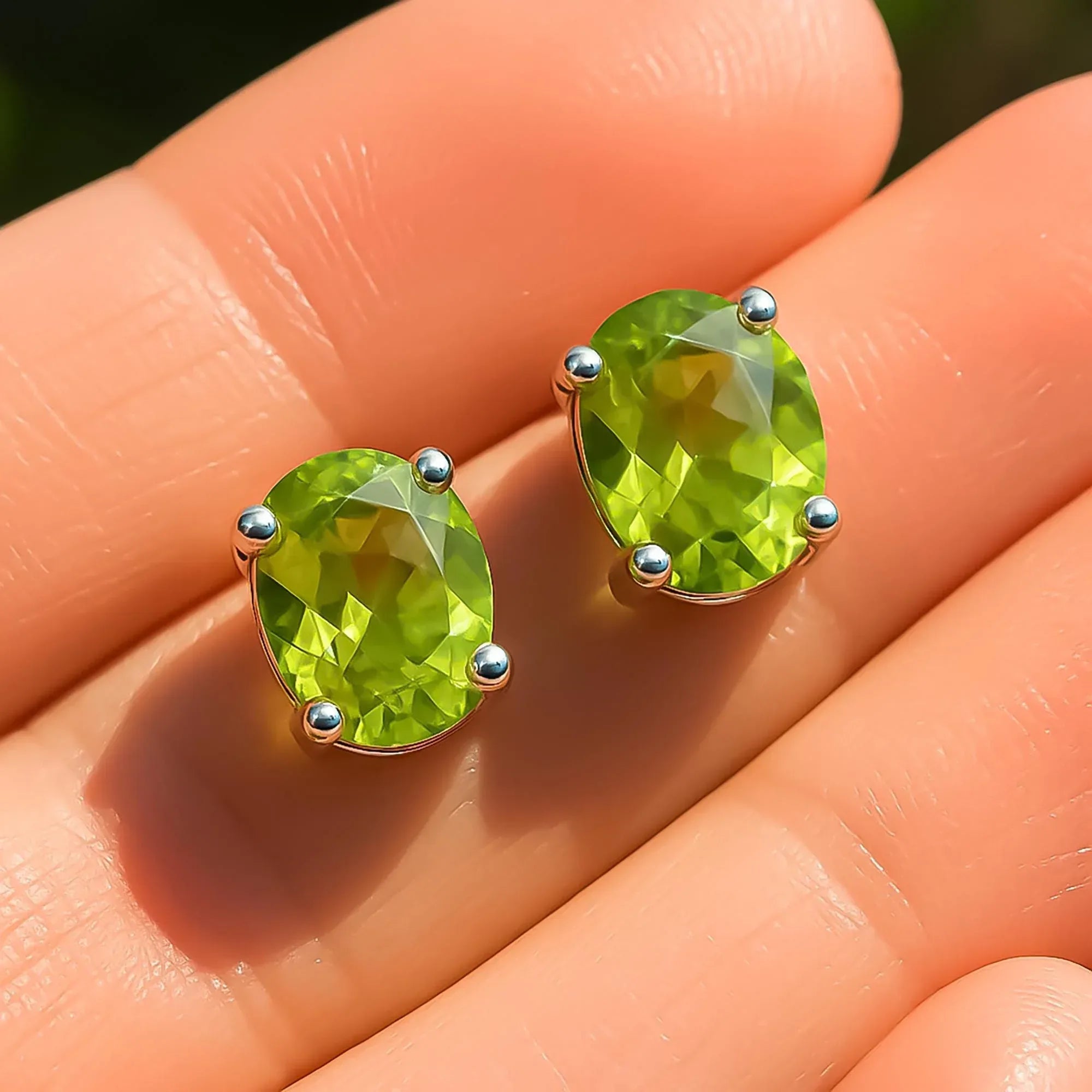 Peridot Sterling Silver Stud Earrings: August Birthstone, Dainty Oval Cut
