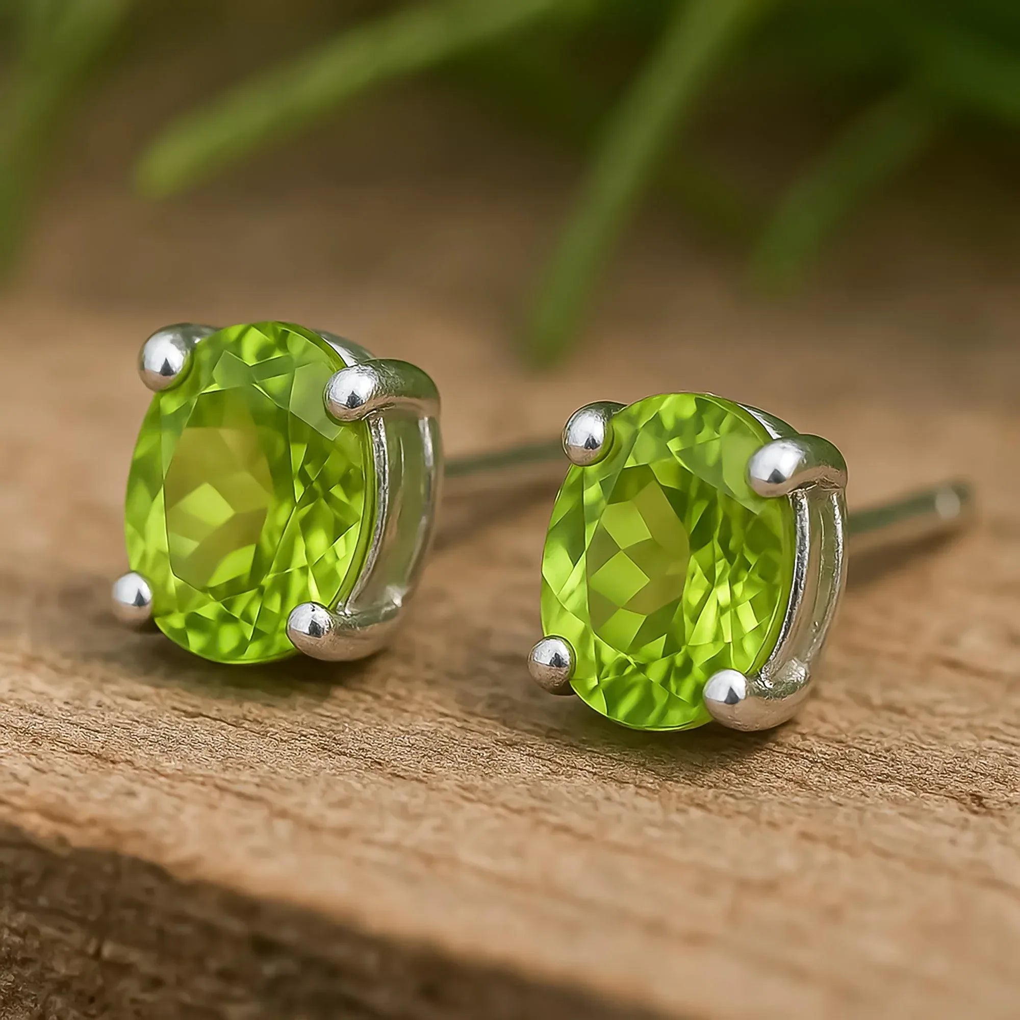 Peridot Sterling Silver Stud Earrings: August Birthstone, Dainty Oval Cut