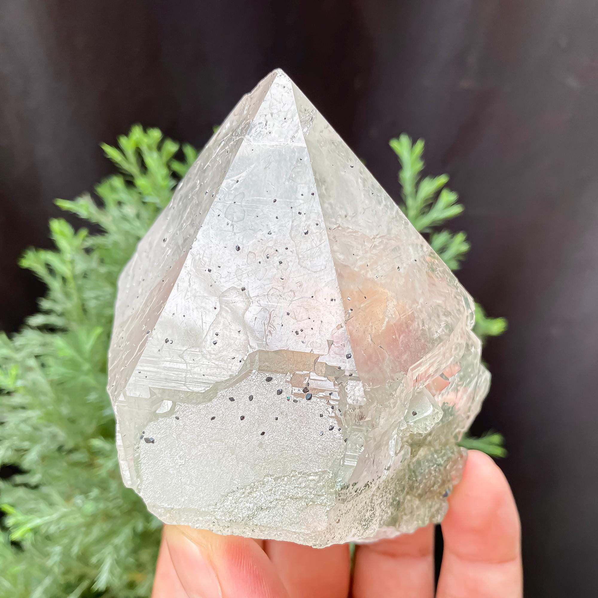 Himalayan Green Chlorite Quartz Point: Black Anatase Crystal, Meditation Stone 345gm
