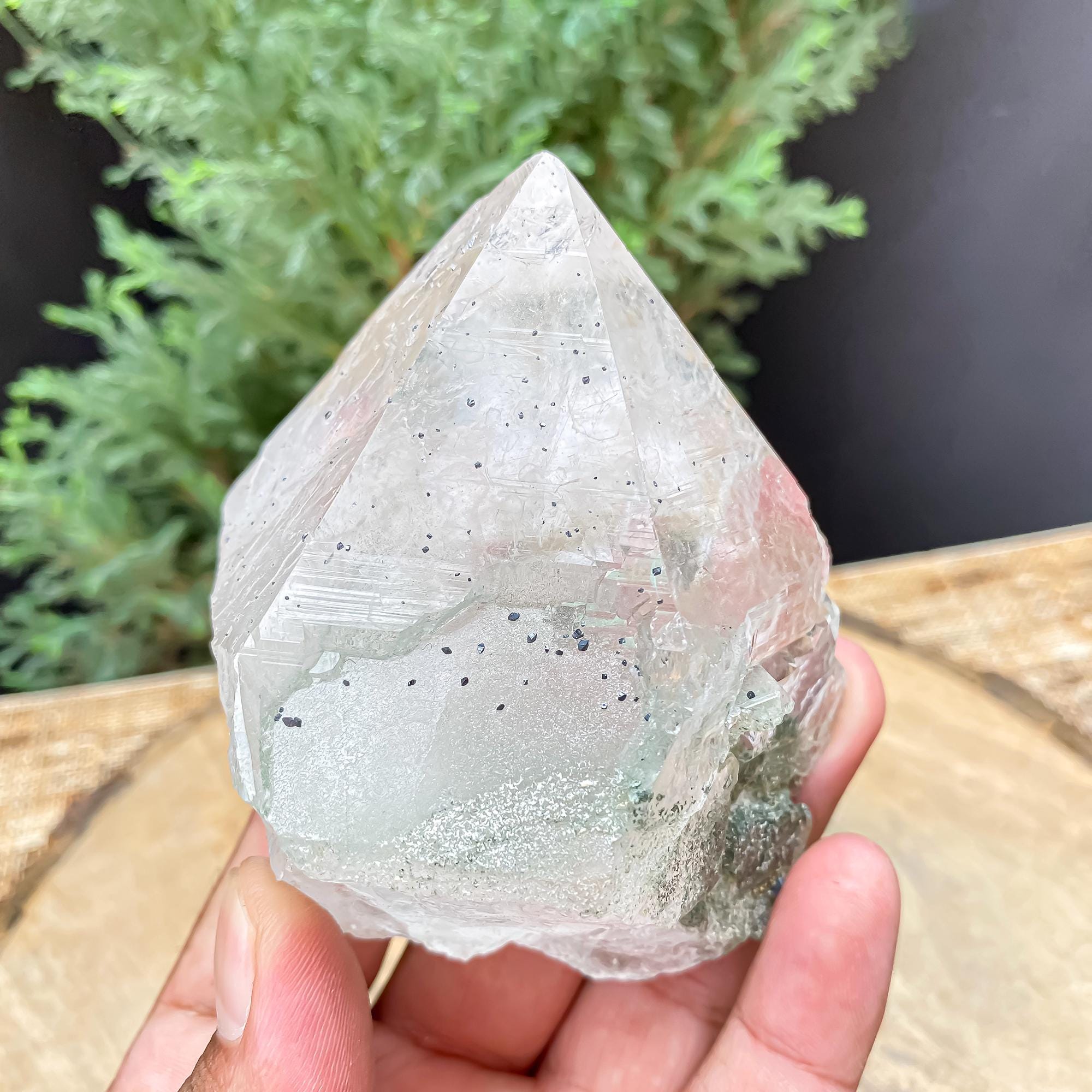 Himalayan Green Chlorite Quartz Point: Black Anatase Crystal, Meditation Stone 345gm