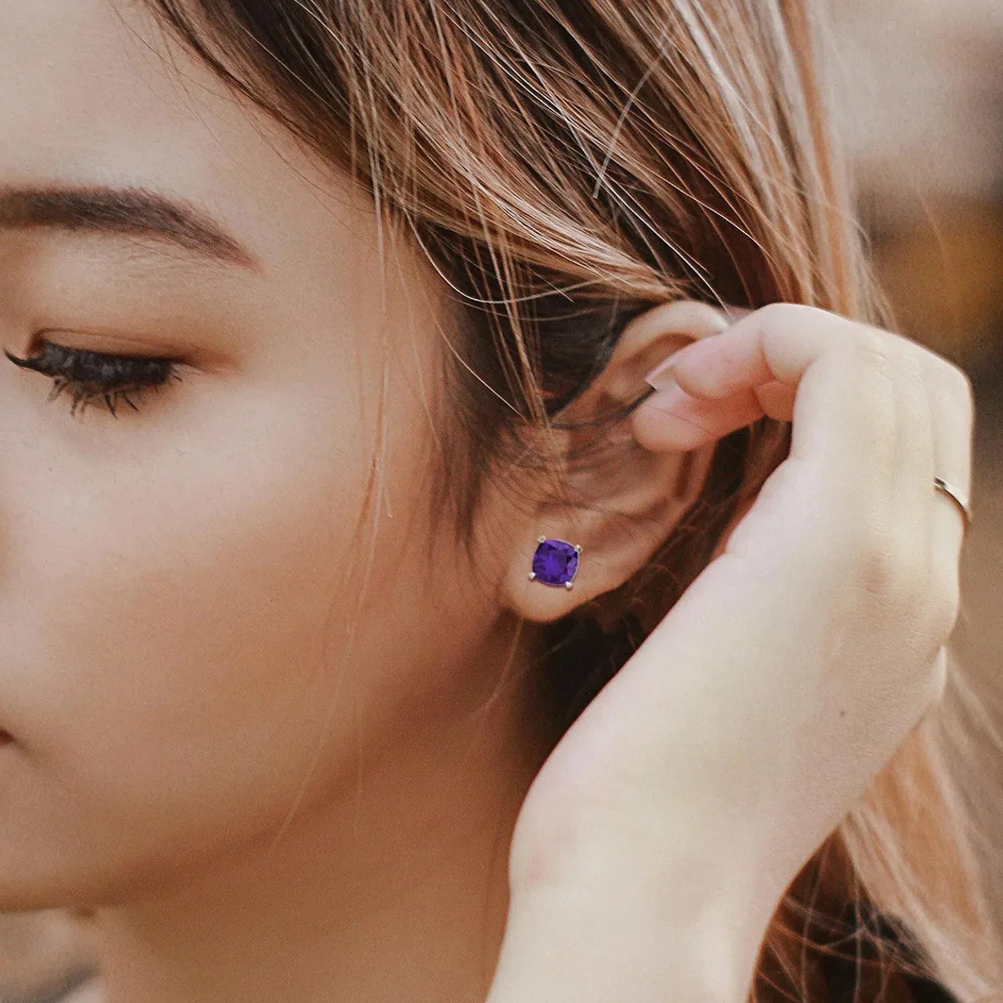 925 Sterling Silver Amethyst Stud Earrings: Minimalist Gemstone Jewelry