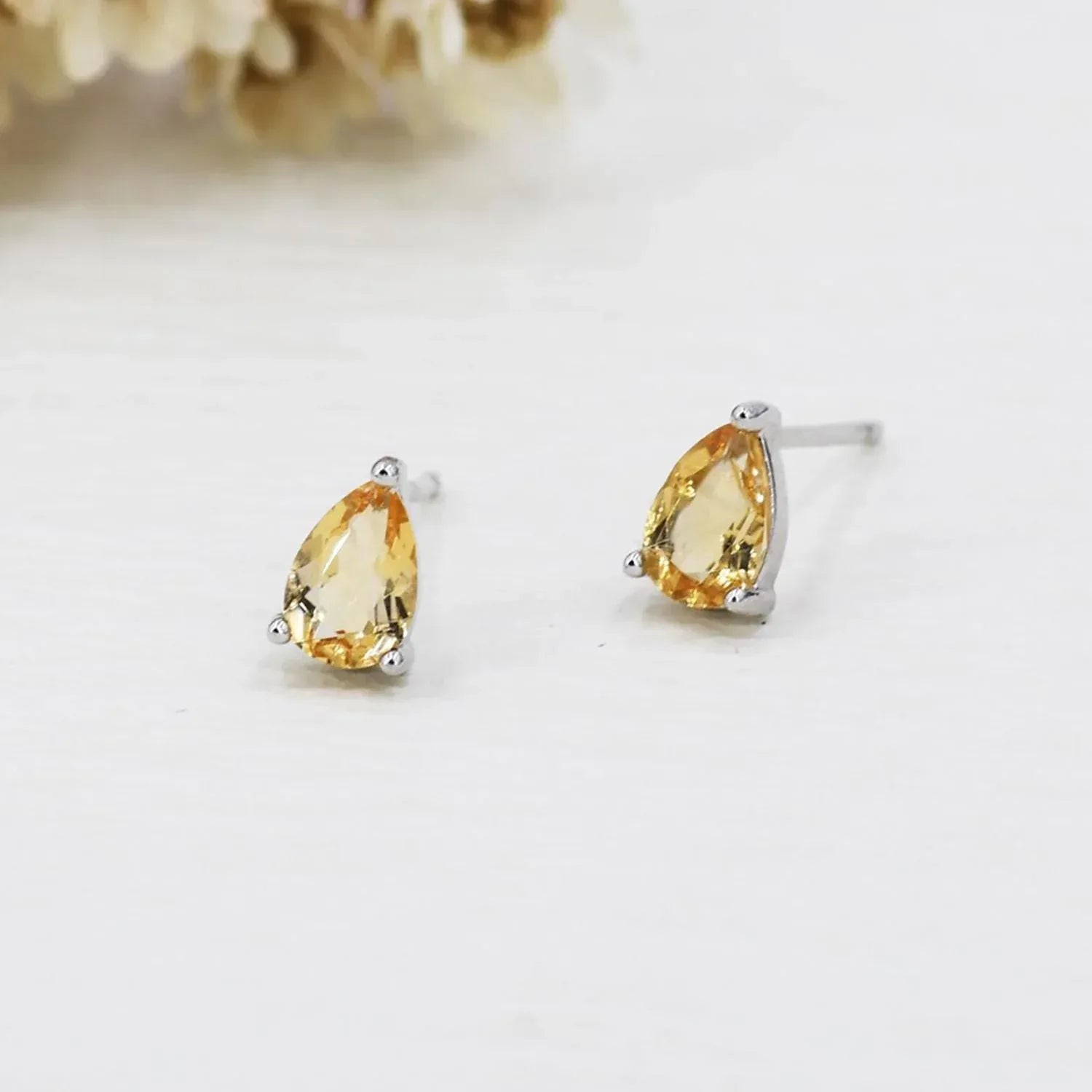 Dainty Citrine Pear Stud Earrings: 925 Sterling Silver, November Birthstone
