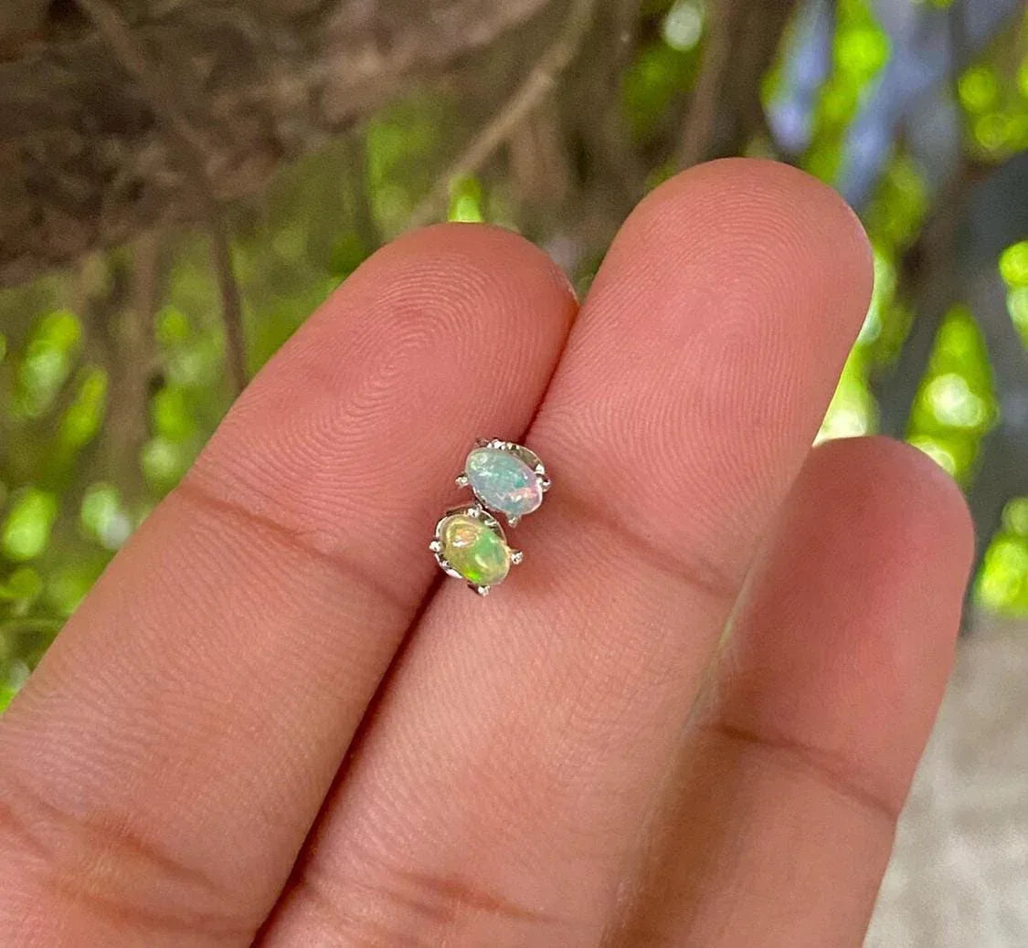 Ethiopian Opal Stud Earrings: 925 Sterling Silver, Rainbow Gemstone