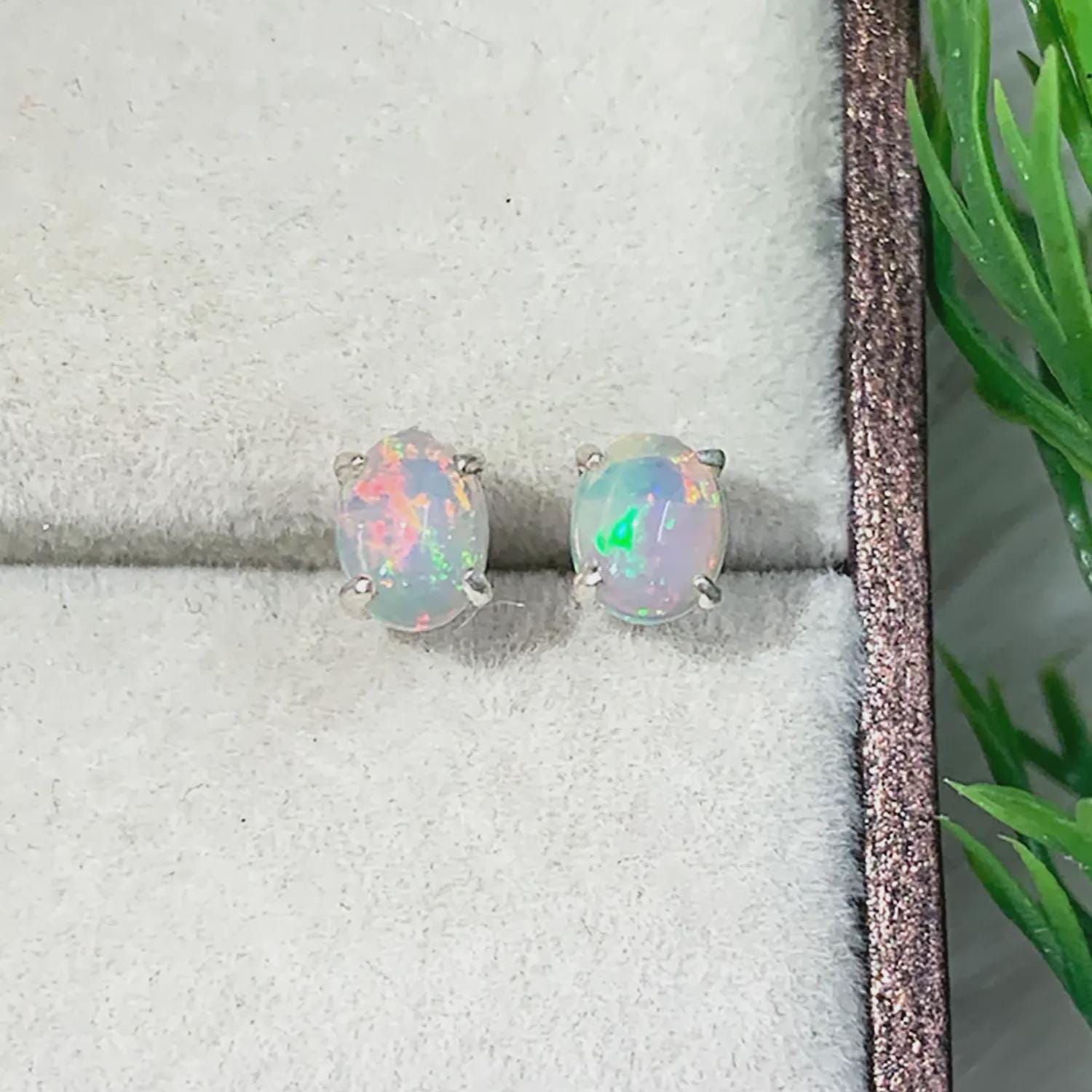 Ethiopian Opal Stud Earrings: Sterling Silver Cabochon, October Birthstone