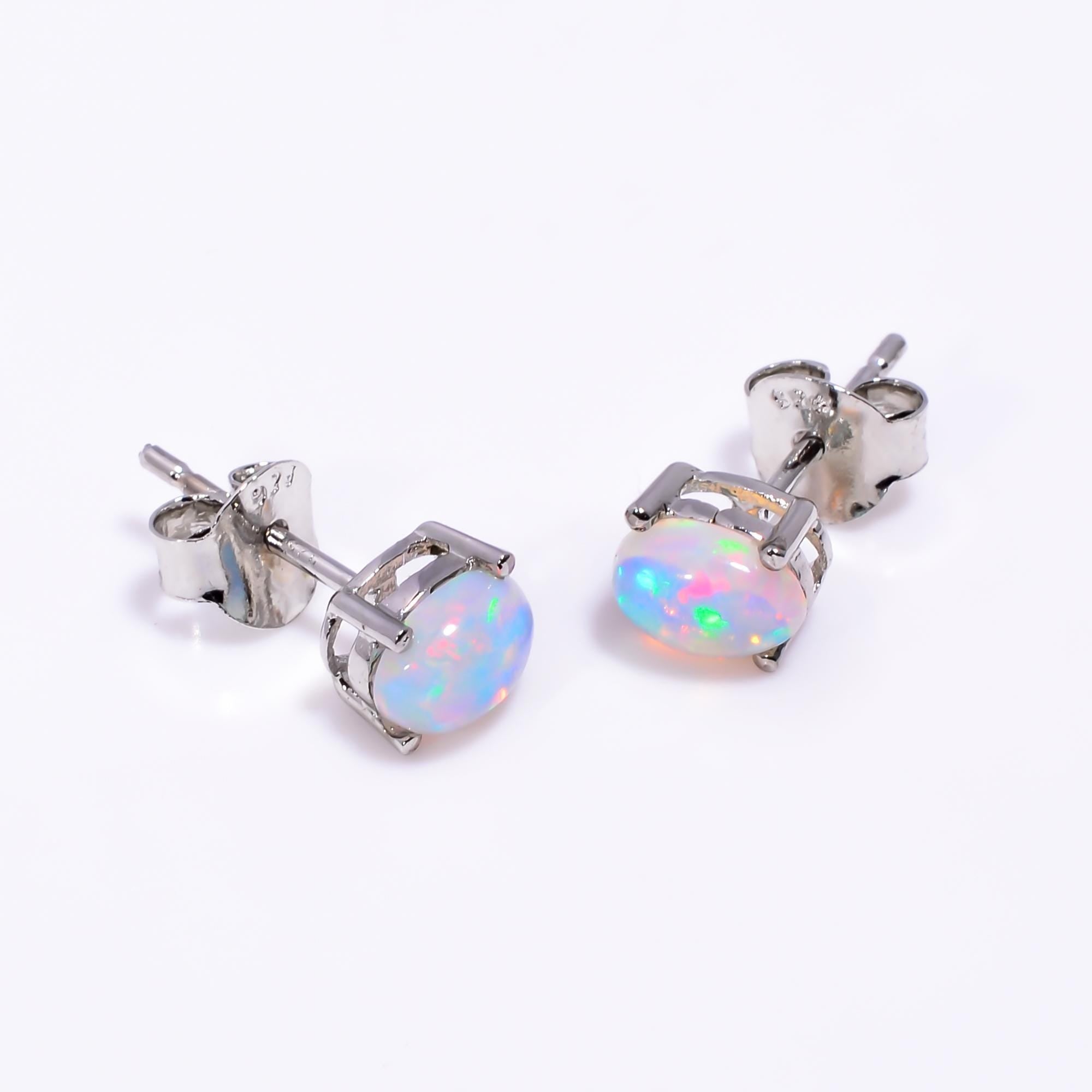 Ethiopian Opal Stud Earrings: 925 Sterling Silver, Handmade Jewelry