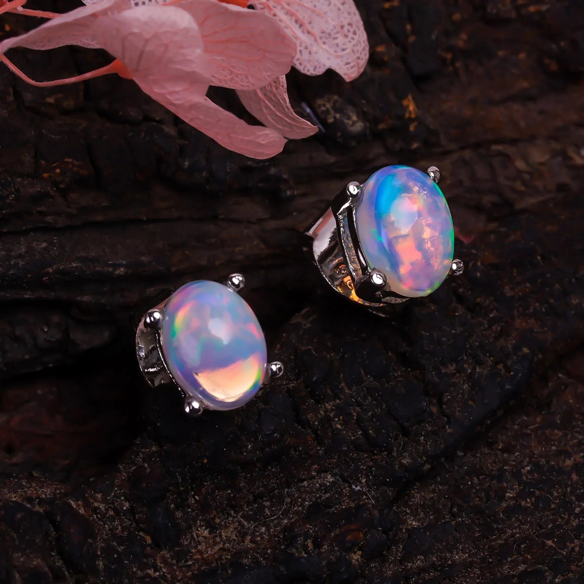 Ethiopian Opal Stud Earrings: 925 Sterling Silver, Handmade Jewelry - Himalya Quartz